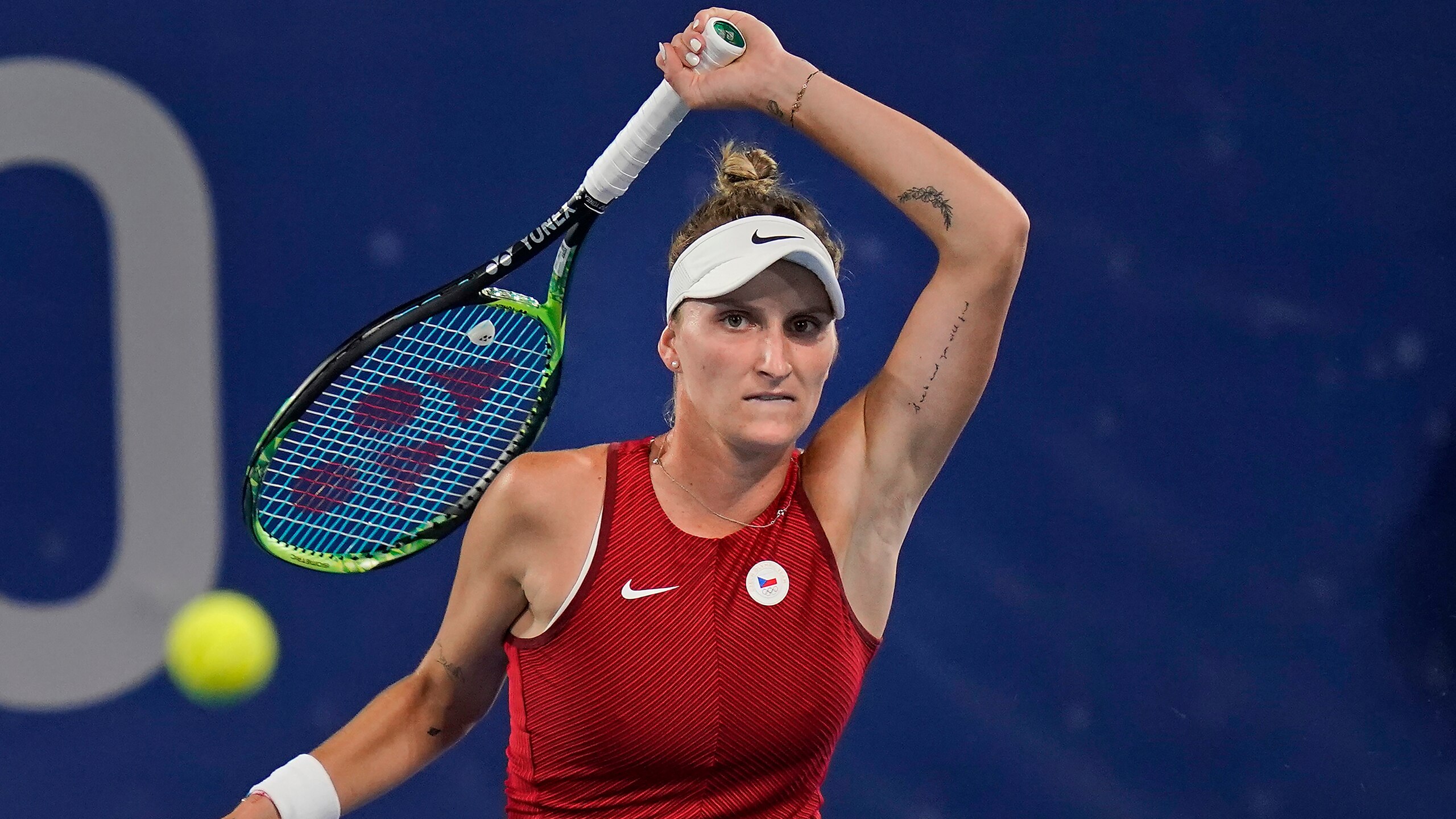 Marketa Vondrousova, of the Czech Republic, plays Naomi Osaka, of Japan, during the third round of the tennis competition at the 2020 Summer Olympics, Tuesday, July 27, 2021, in Tokyo, Japan. (AP Photo/Seth Wenig)