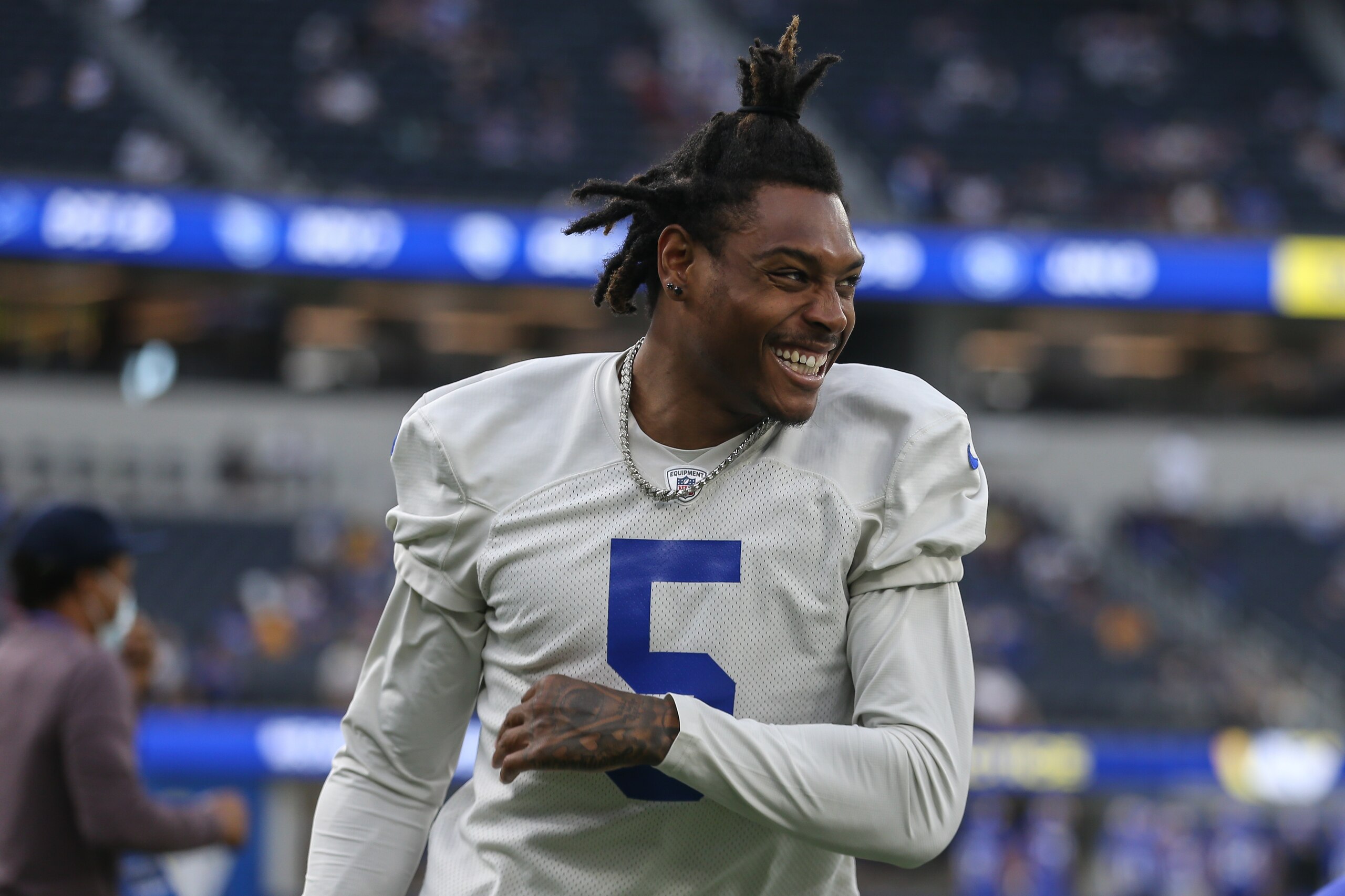 INGLEWOOD, CA - JUNE 10: Los Angeles Rams cornerback Jalen Ramsey (05) during the Los Angeles Rams practice on June 10, 2021, at SoFi Stadium in Inglewood, CA. (Photo by Jevone Moore/Icon Sportswire via Getty Images)