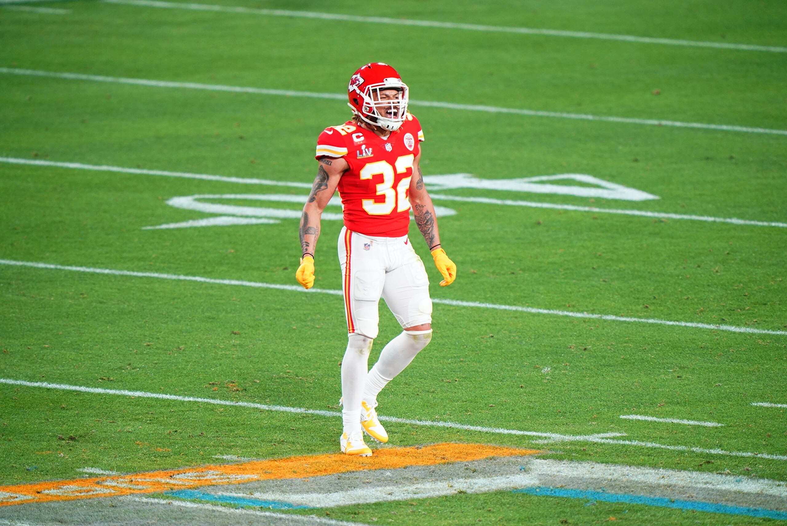 Football: Super Bowl LV: Kansas City Chiefs Tyrann Mathieu (32) victorious during game vs Tampa Bay Buccaneers at Raymond James Stadium.
Tampa, FL 2/7/2021
CREDIT: Erick W. Rasco (Photo by Erick W. Rasco/Sports Illustrated via Getty Images) (Set Number: X163522 )