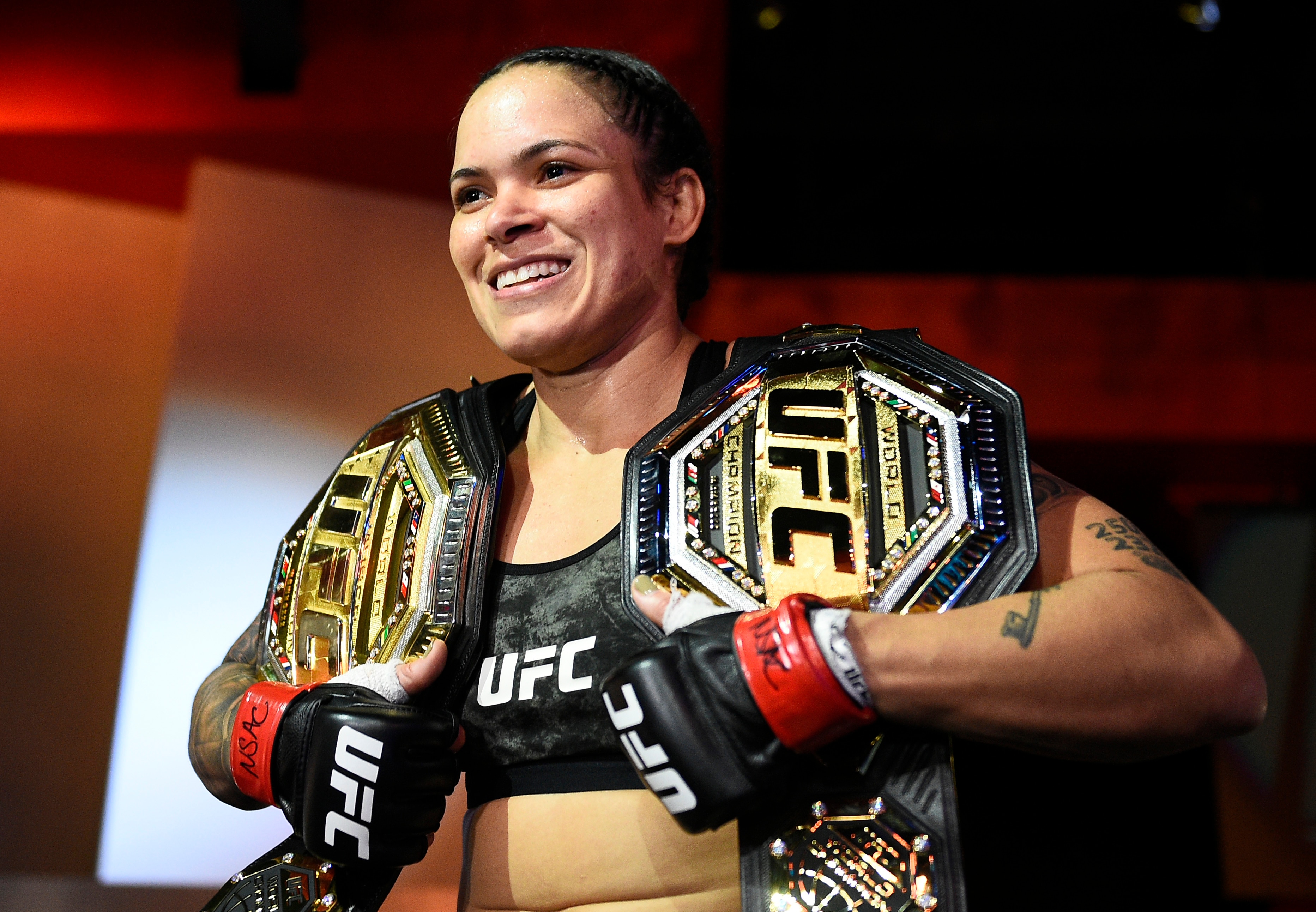 LAS VEGAS, NEVADA - MARCH 06: Amanda Nunes of Brazil reacts after her victory over Megan Anderson of Australia in their UFC featherweight championship fight during the UFC 259 event at UFC APEX on March 06, 2021 in Las Vegas, Nevada. (Photo by Chris Unger/Zuffa LLC)