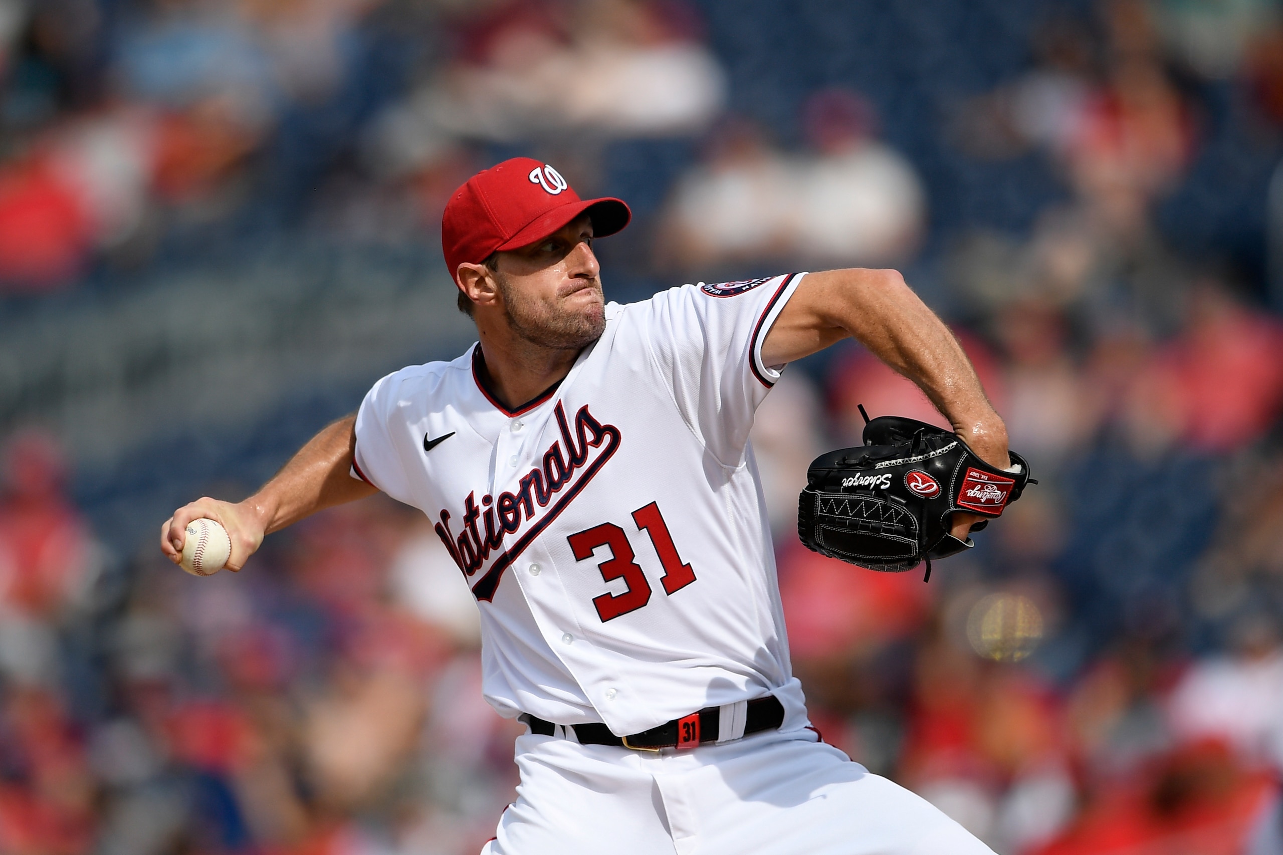 Washington Nationals starting pitcher Max Scherzer delivers a pitch during a baseball game against the San Diego Padres, Sunday, July 18, 2021, in Washington. (AP Photo/Nick Wass)