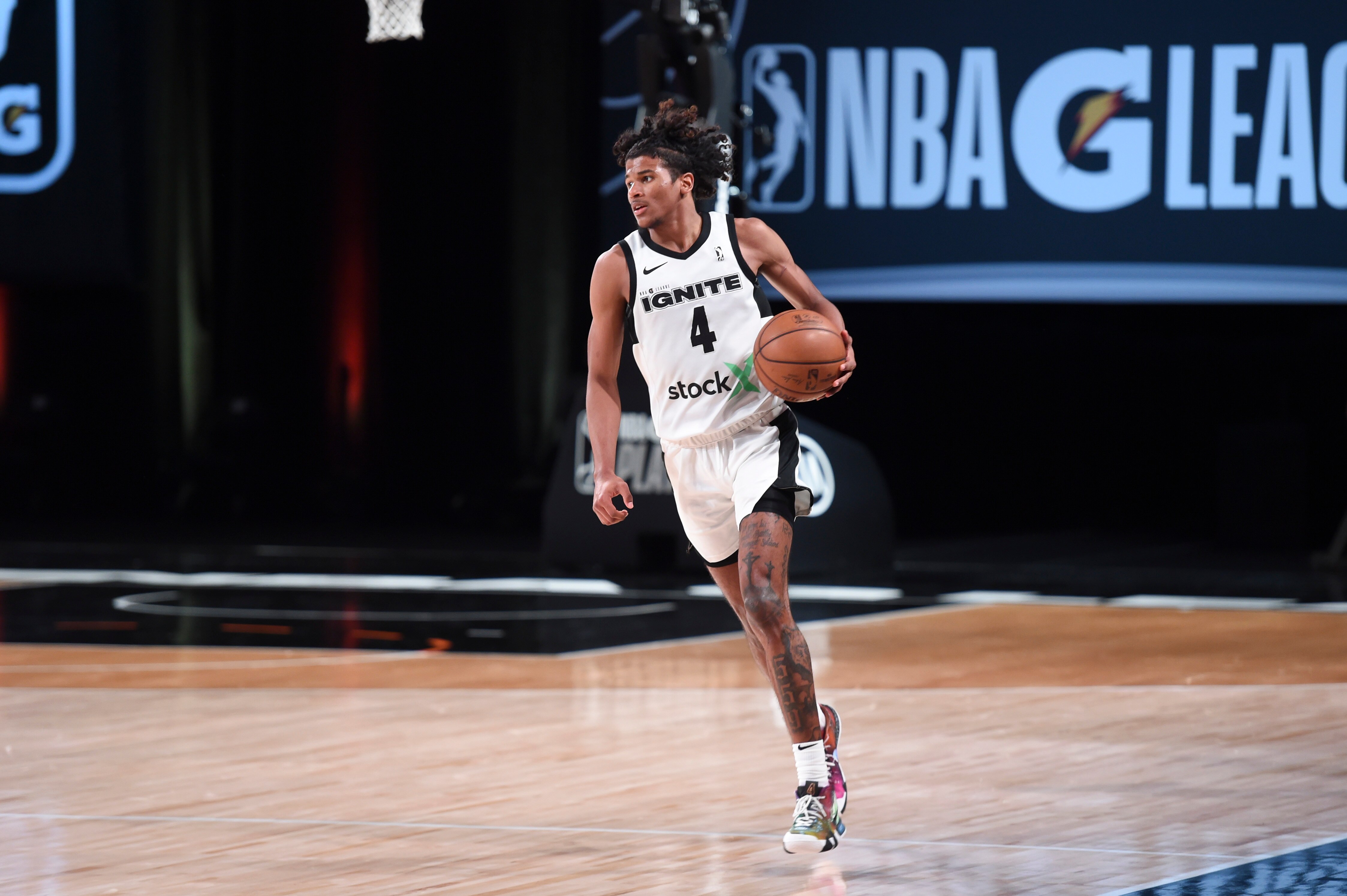 ORLANDO, FL - MARCH 8: Jalen Green #4 of Team Ignite handles the ball during the game against the Raptors 905 during the NBA G League Playoffs on March 8, 2021 at AdventHealth Arena in Orlando, Florida. NOTE TO USER: User expressly acknowledges and agrees that, by downloading and/or using this Photograph, user is consenting to the terms and conditions of the Getty Images License Agreement. Mandatory Copyright Notice: Copyright 2021 NBAE (Photo by Juan Ocampo/NBAE via Getty Images)