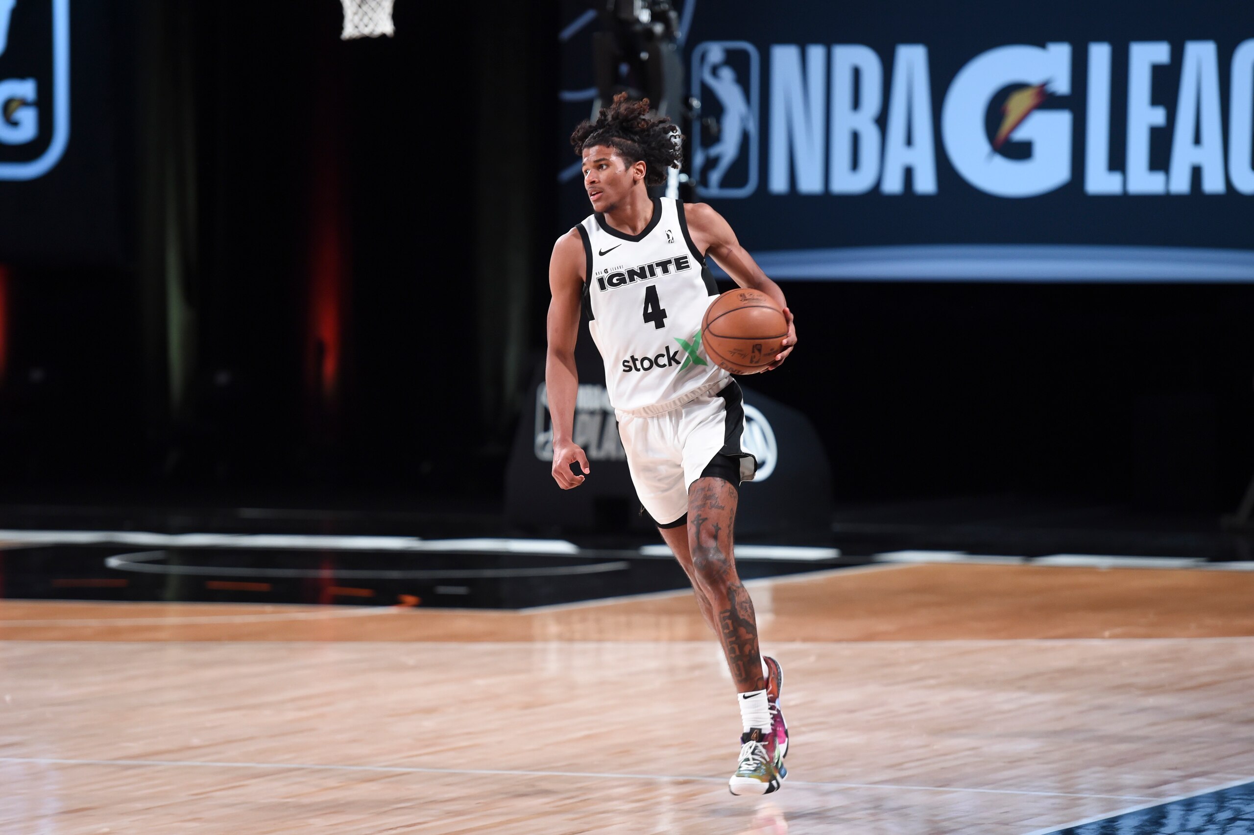 ORLANDO, FL - MARCH 8: Jalen Green #4 of Team Ignite handles the ball during the game against the Raptors 905 during the NBA G League Playoffs on March 8, 2021 at AdventHealth Arena in Orlando, Florida. NOTE TO USER: User expressly acknowledges and agrees that, by downloading and/or using this Photograph, user is consenting to the terms and conditions of the Getty Images License Agreement. Mandatory Copyright Notice: Copyright 2021 NBAE (Photo by Juan Ocampo/NBAE via Getty Images)