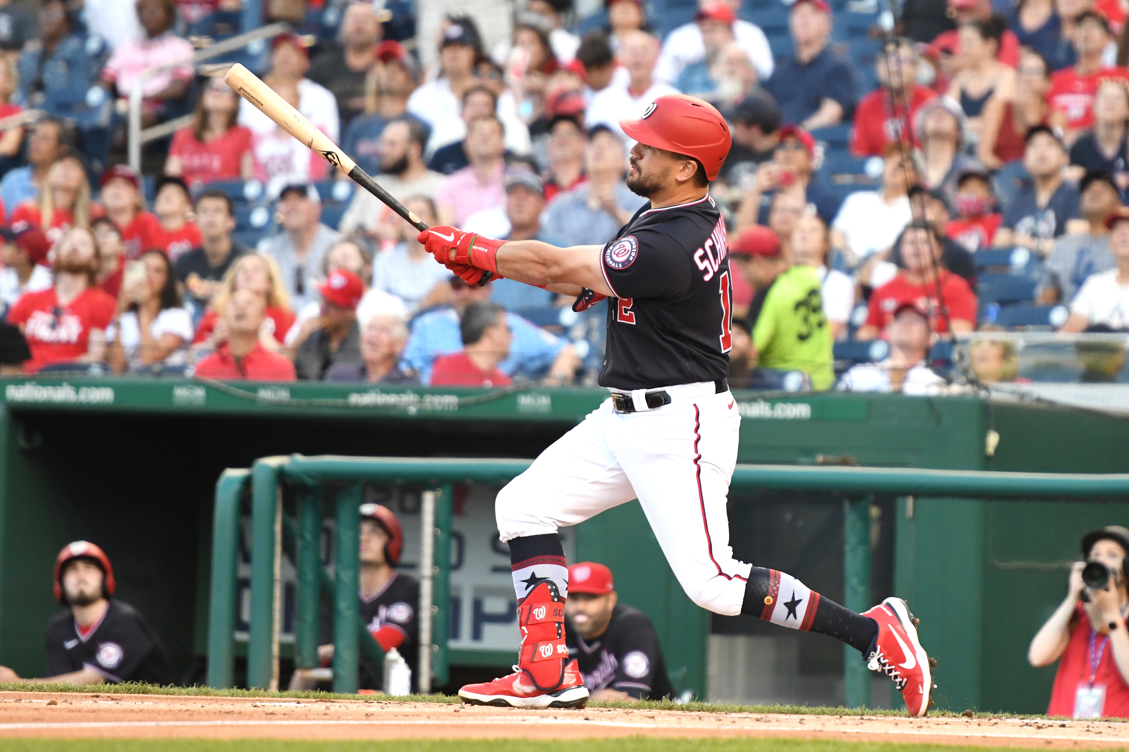 WASHINGTON, DC - JULY 02:  Kyle Schwarber #12 of the Washington Nationals takes a swing during a baseball game against the Los Angeles Dodgers at Nationals Park on July 2, 2021 in Washington, DC.  (Photo by Mitchell Layton/Getty Images)