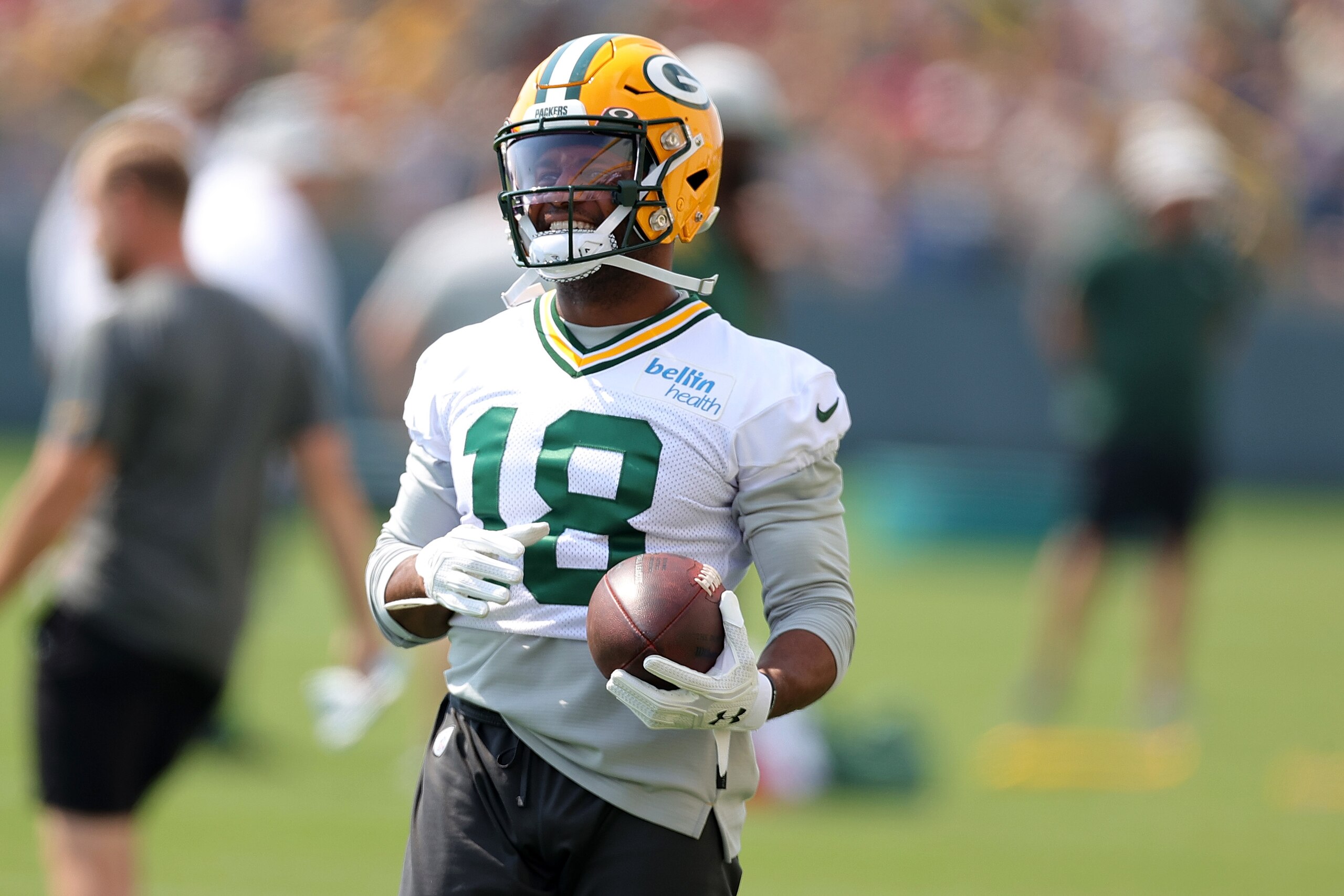 ASHWAUBENON, WISCONSIN - JULY 29: Randall Cobb #18 of the Green Bay Packers works out during training camp at Ray Nitschke Field on July 29, 2021 in Ashwaubenon, Wisconsin. (Photo by Stacy Revere/Getty Images)