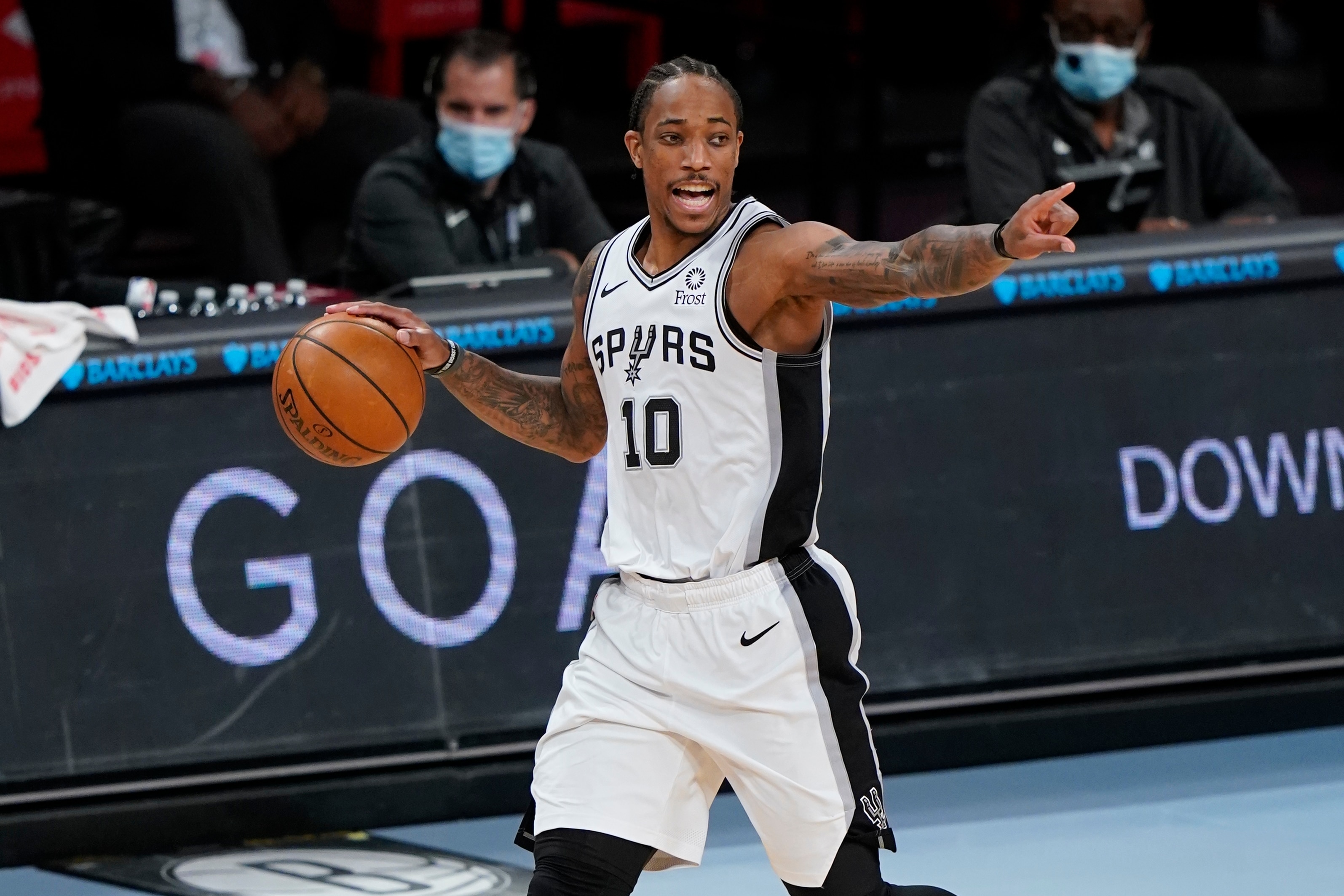 San Antonio Spurs' DeMar DeRozan (10) during the first half of an NBA basketball game against the Brooklyn Nets Wednesday, May 12, 2021, in New York. (AP Photo/Frank Franklin II)
