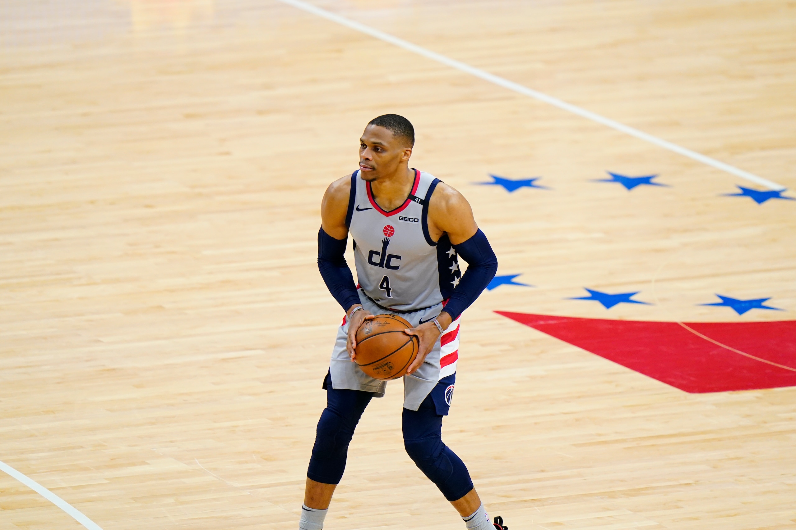 Washington Wizards' Russell Westbrook plays during Game 5 in a first-round NBA basketball playoff series against the Philadelphia 76ers, Wednesday, June 2, 2021, in Philadelphia. (AP Photo/Matt Slocum)