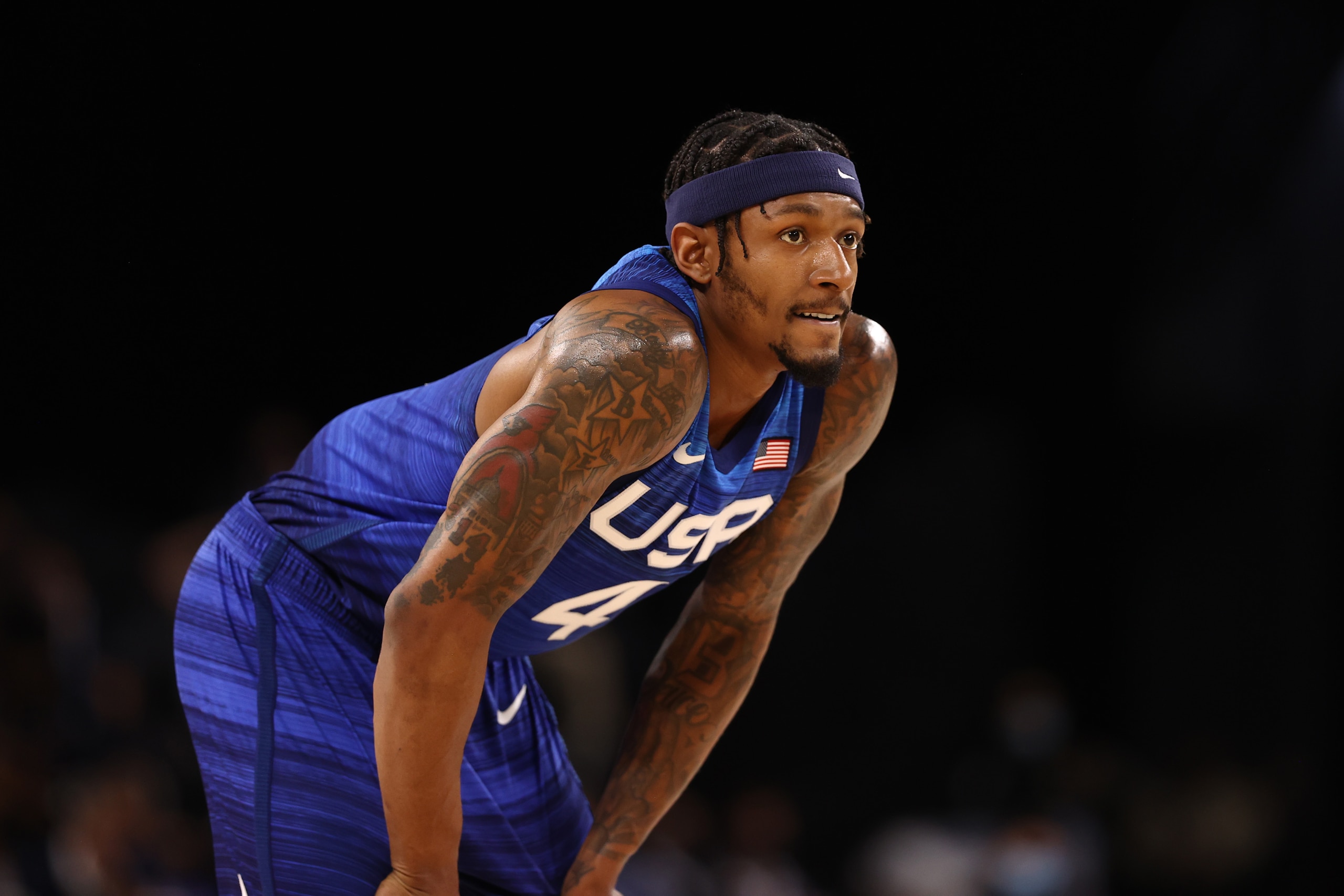 LAS VEGAS, NV - JULY 13: Bradley Beal #4 of the USA Men's National Team looks on during the game against the Argentina Men's National Team on July 13, 2021 at Michelob ULTRA Arena in Las Vegas, Nevada. NOTE TO USER: User expressly acknowledges and agrees that, by downloading and or using this photograph, User is consenting to the terms and conditions of the Getty Images License Agreement. (Photo by Stephen Gosling/NBAE via Getty Images)