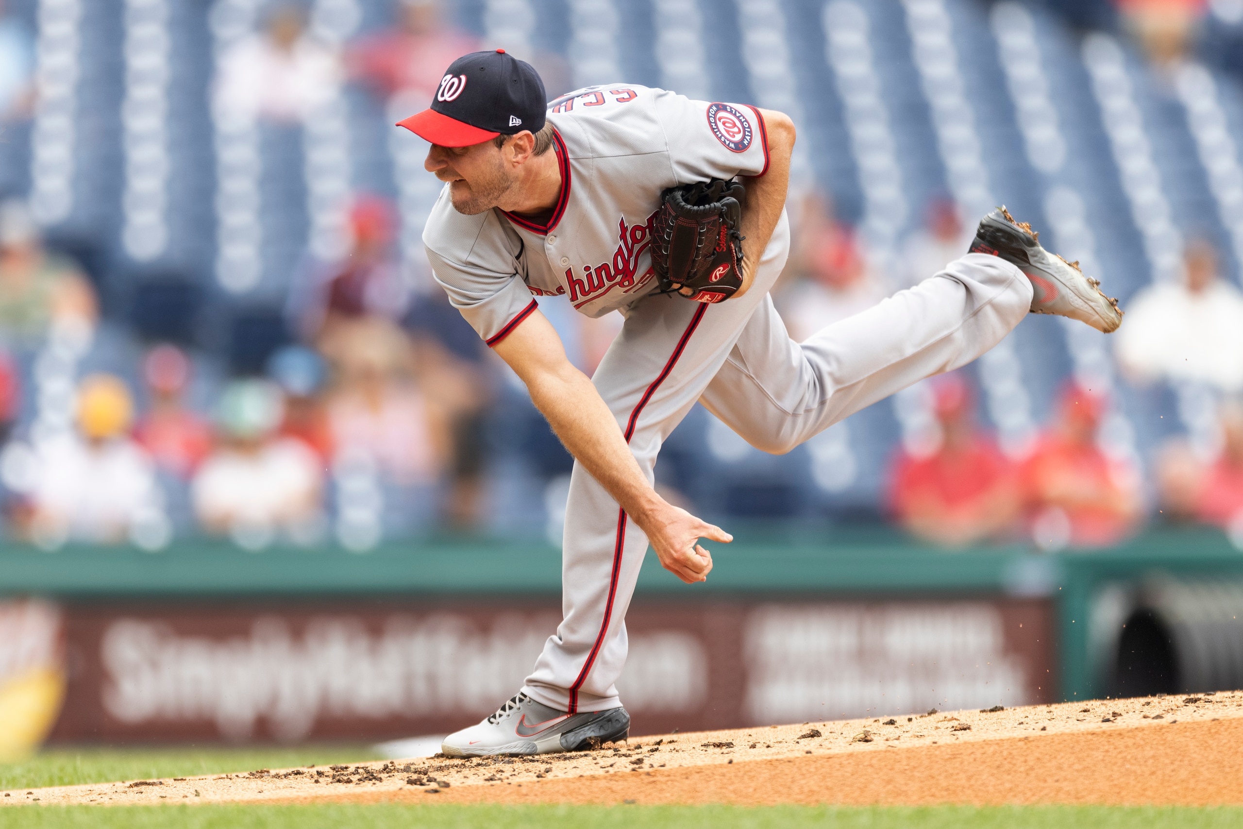 Washington Nationals starting pitcher Max Scherzer throws during the first inning of a baseball game against the Philadelphia Phillies, Thursday, July 29, 2021, in Philadelphia in the first game of a doubleheader. (AP Photo/Laurence Kesterson)