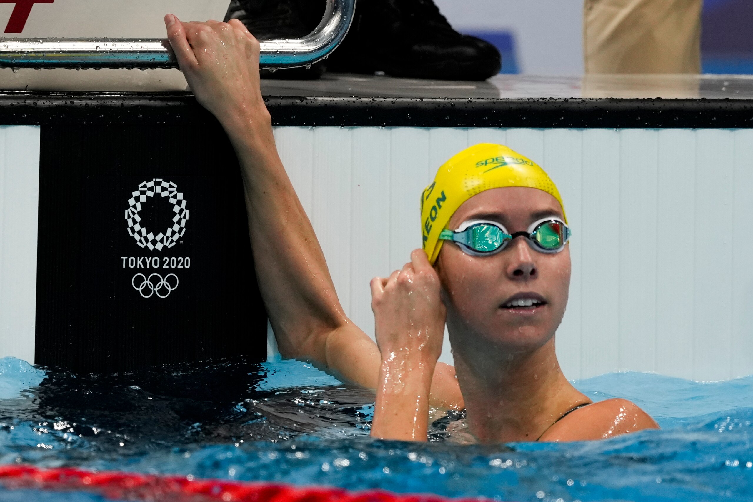 Emma McKeon, of Australia, reacts after winning the women's 100-meter freestyle semifinal at the 2020 Summer Olympics, Thursday, July 29, 2021, in Tokyo, Japan. (AP Photo/Martin Meissner)
