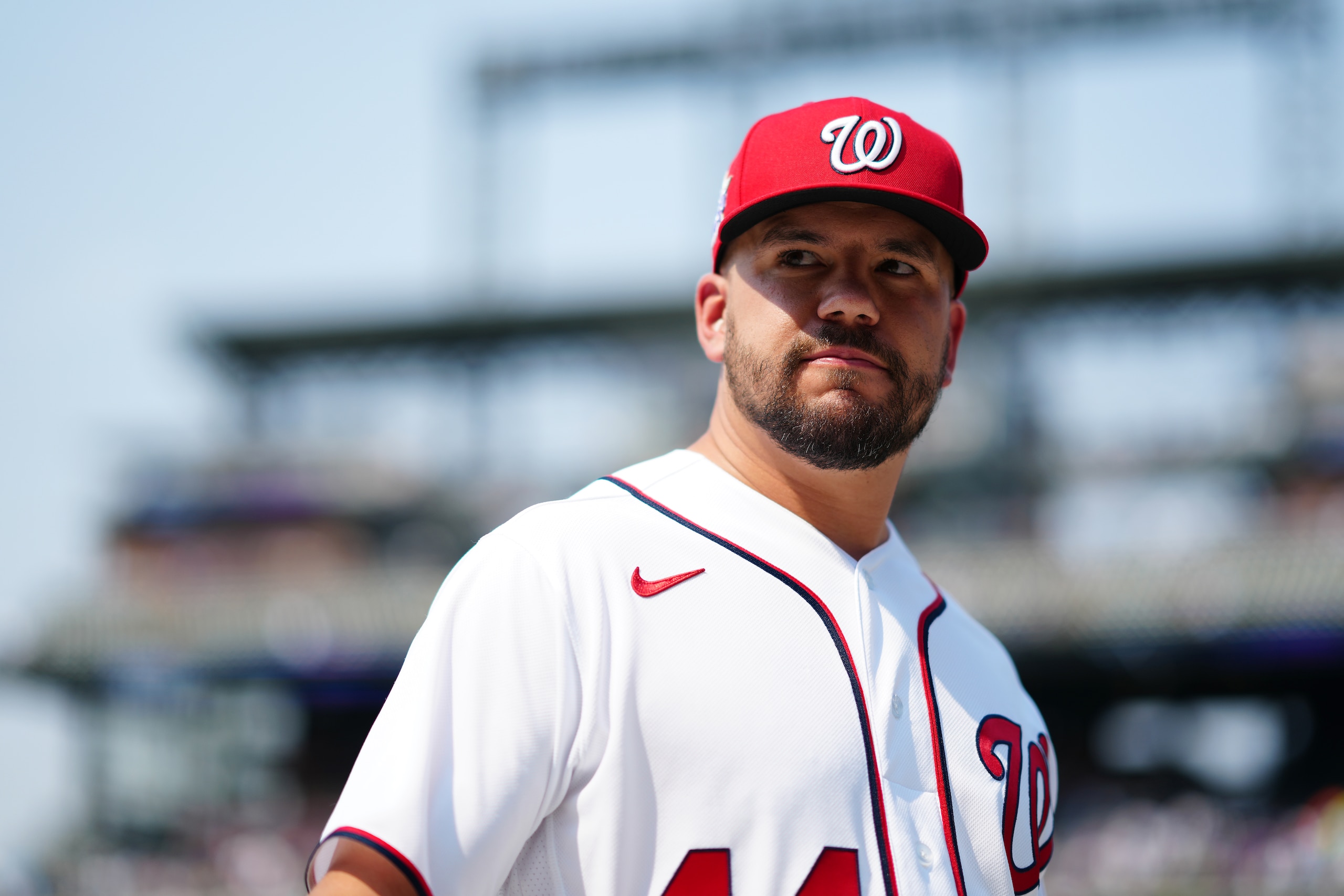 DENVER, CO - JULY 12:  Kyle Schwarber #12 of the Washington Nationals looks on during the 2021 Gatorade All-Star Workout Day  at Coors Field on Monday, July 12, 2021 in Denver, Colorado. (Photo by Daniel Shirey/MLB Photos via Getty Images)