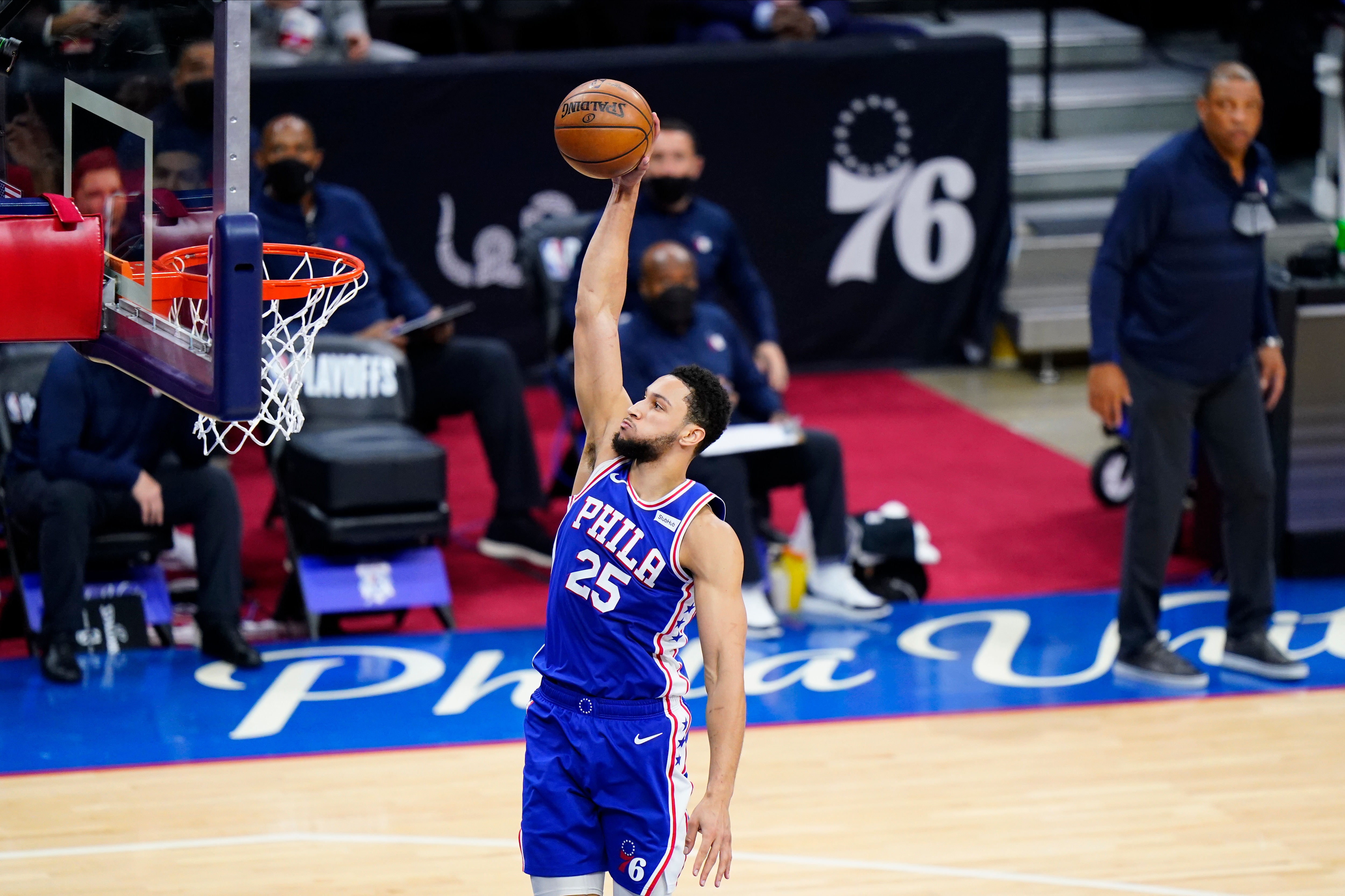 Philadelphia 76ers' Ben Simmons plays during Game 5 in a second-round NBA basketball playoff series against the Atlanta Hawks, Wednesday, June 16, 2021, in Philadelphia. (AP Photo/Matt Slocum)