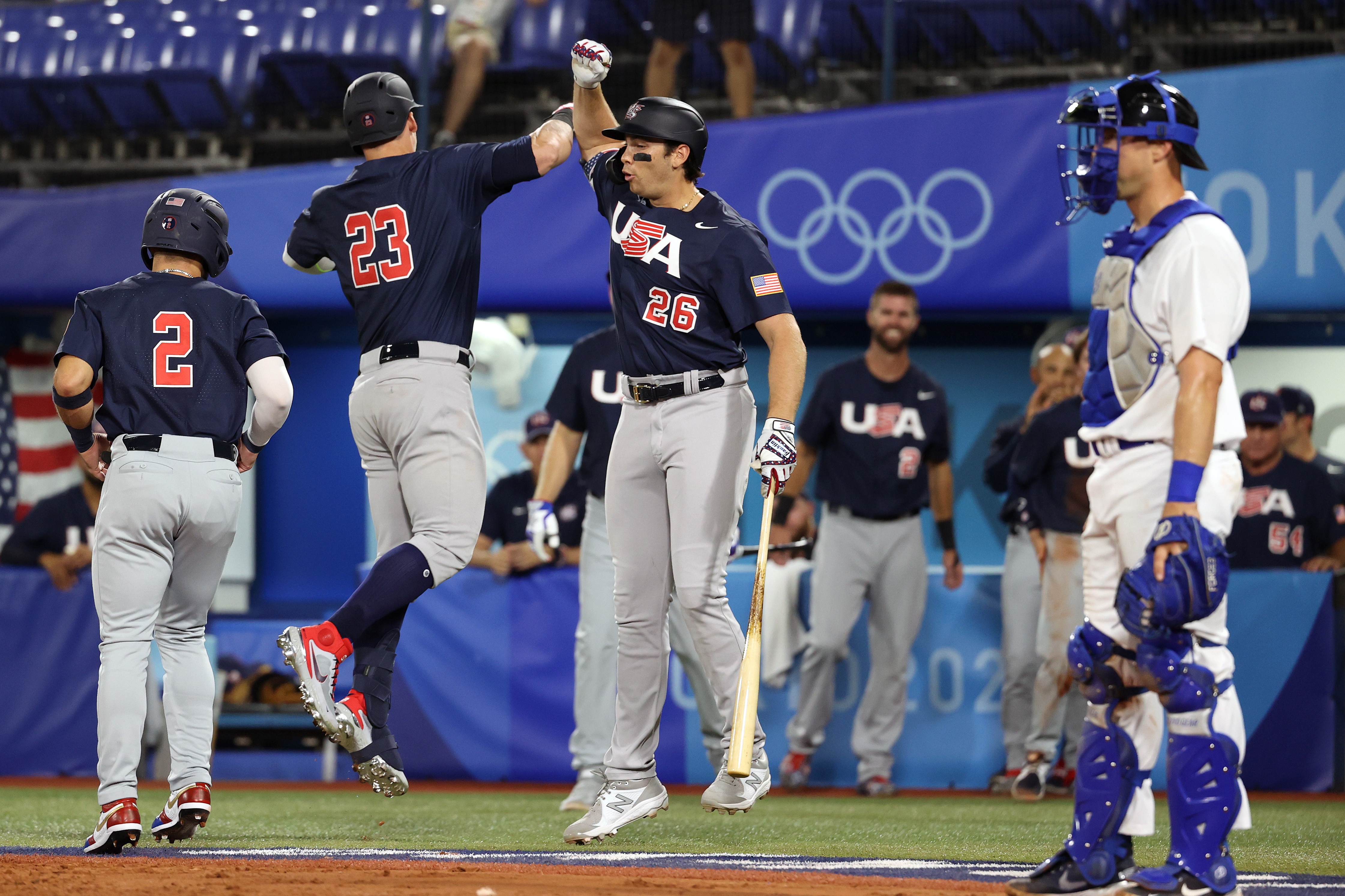 YOKOHAMA, JAPAN - JULY 30: Tyler Austin #23 of Team United States celebrates with Triston Casas #26 after hitting a two-run home run in the third inning against Team Israel during the baseball opening round Group B game on day seven of the Tokyo 2020 Olympic Games at Yokohama Baseball Stadium on July 30, 2021 in Yokohama, Kanagawa, Japan. (Photo by Koji Watanabe/Getty Images)