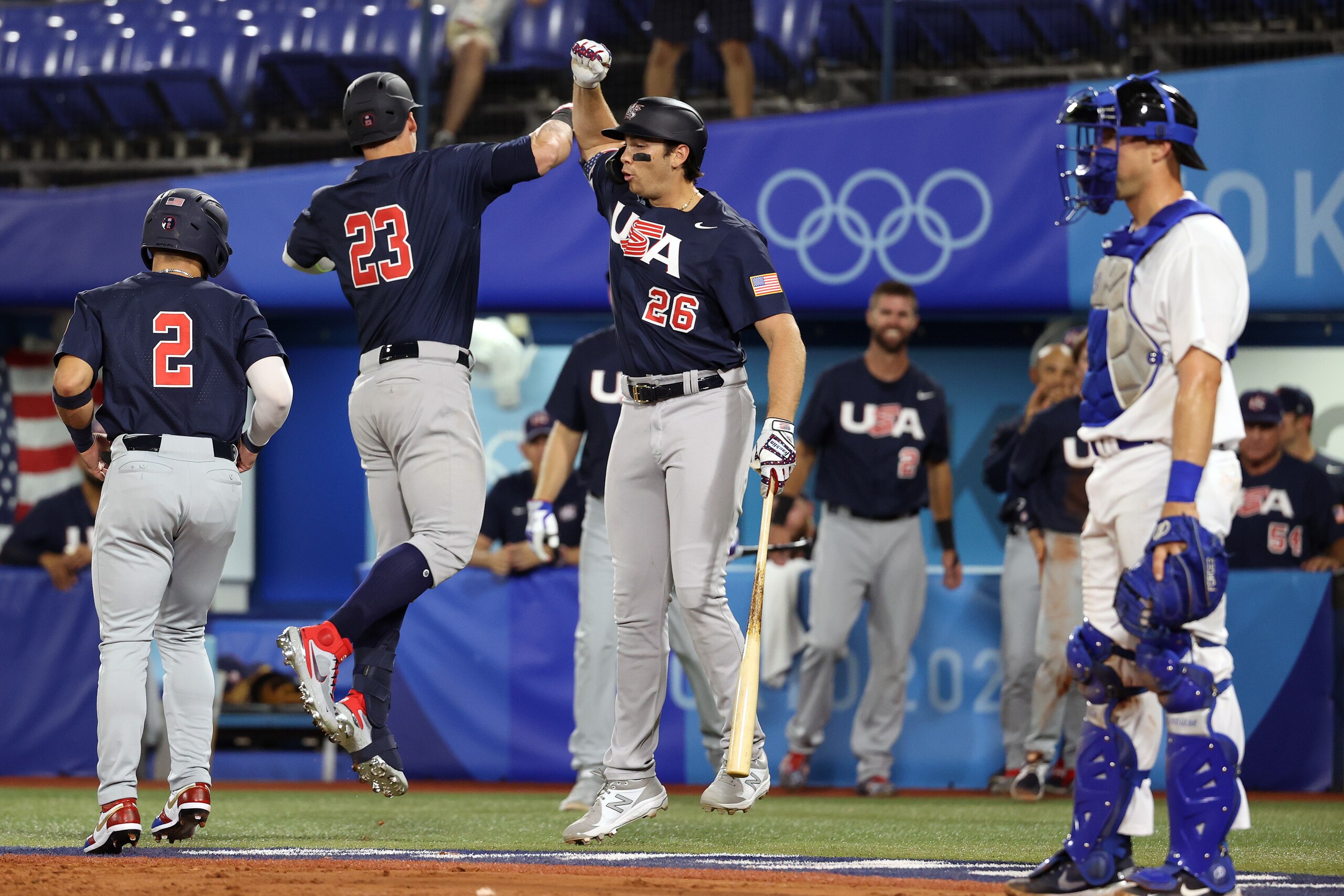 YOKOHAMA, JAPAN - JULY 30: Tyler Austin #23 of Team United States celebrates with Triston Casas #26 after hitting a two-run home run in the third inning against Team Israel during the baseball opening round Group B game on day seven of the Tokyo 2020 Olympic Games at Yokohama Baseball Stadium on July 30, 2021 in Yokohama, Kanagawa, Japan. (Photo by Koji Watanabe/Getty Images)