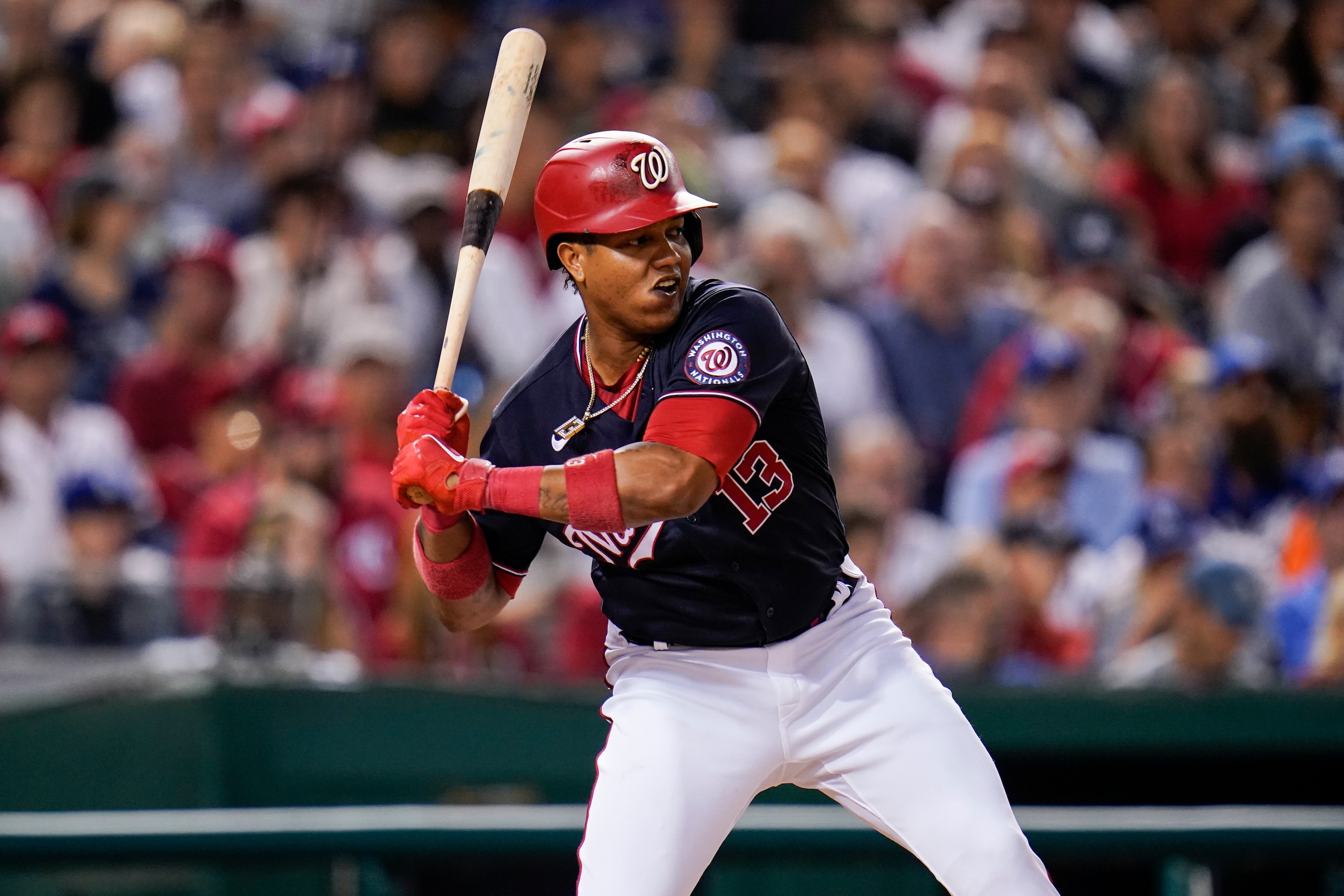 Washington Nationals' Starlin Castro waits for a pitch from the Los Angeles Dodgers during the sixth inning of a baseball game, Friday, July 2, 2021, in Washington. (AP Photo/Julio Cortez)