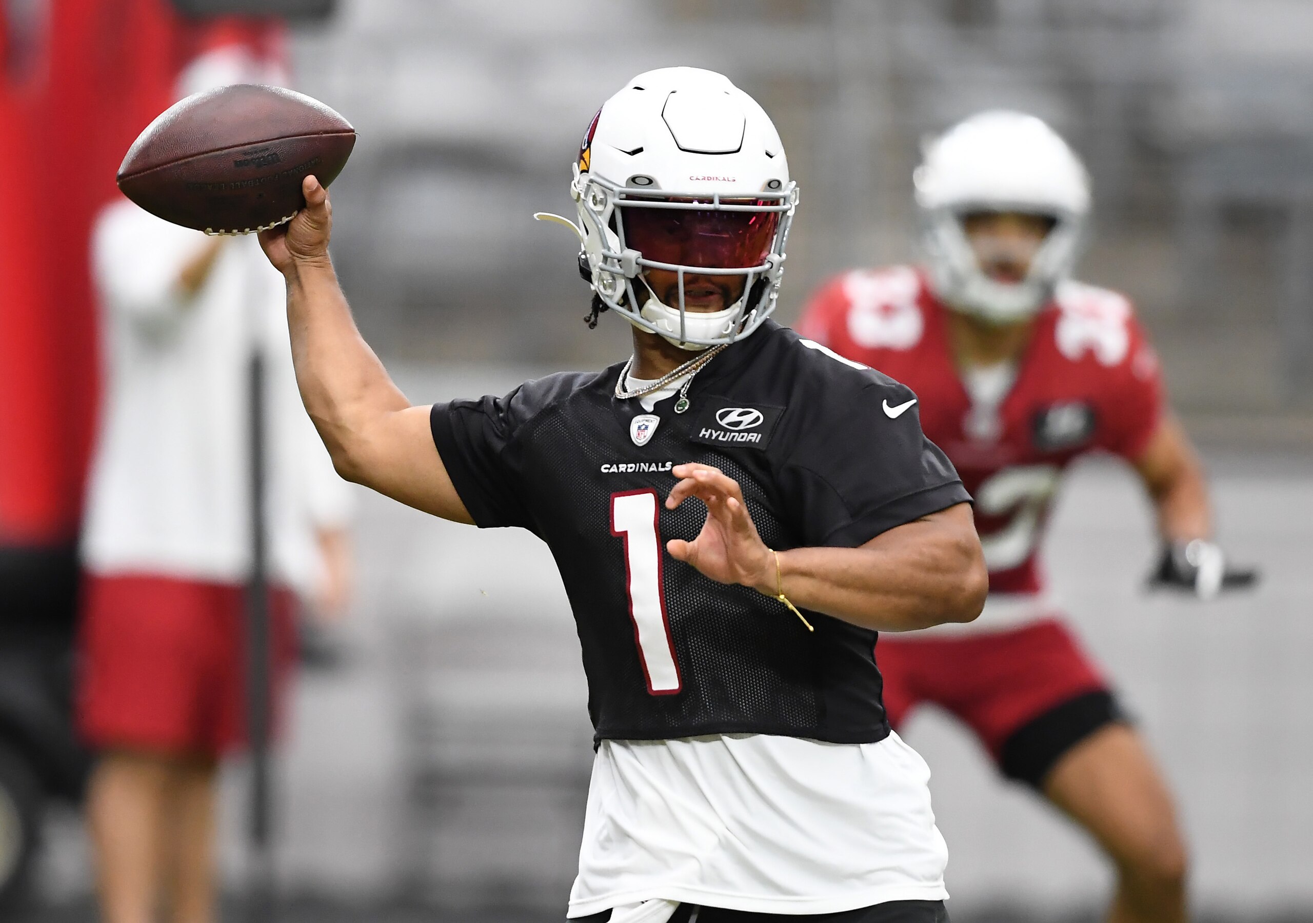 GLENDALE, ARIZONA - JULY 30: Kyler Murray #1 of the Arizona Cardinals throws a pass during training camp at State Farm Stadium on July 30, 2021 in Glendale, Arizona. (Photo by Norm Hall/Getty Images)