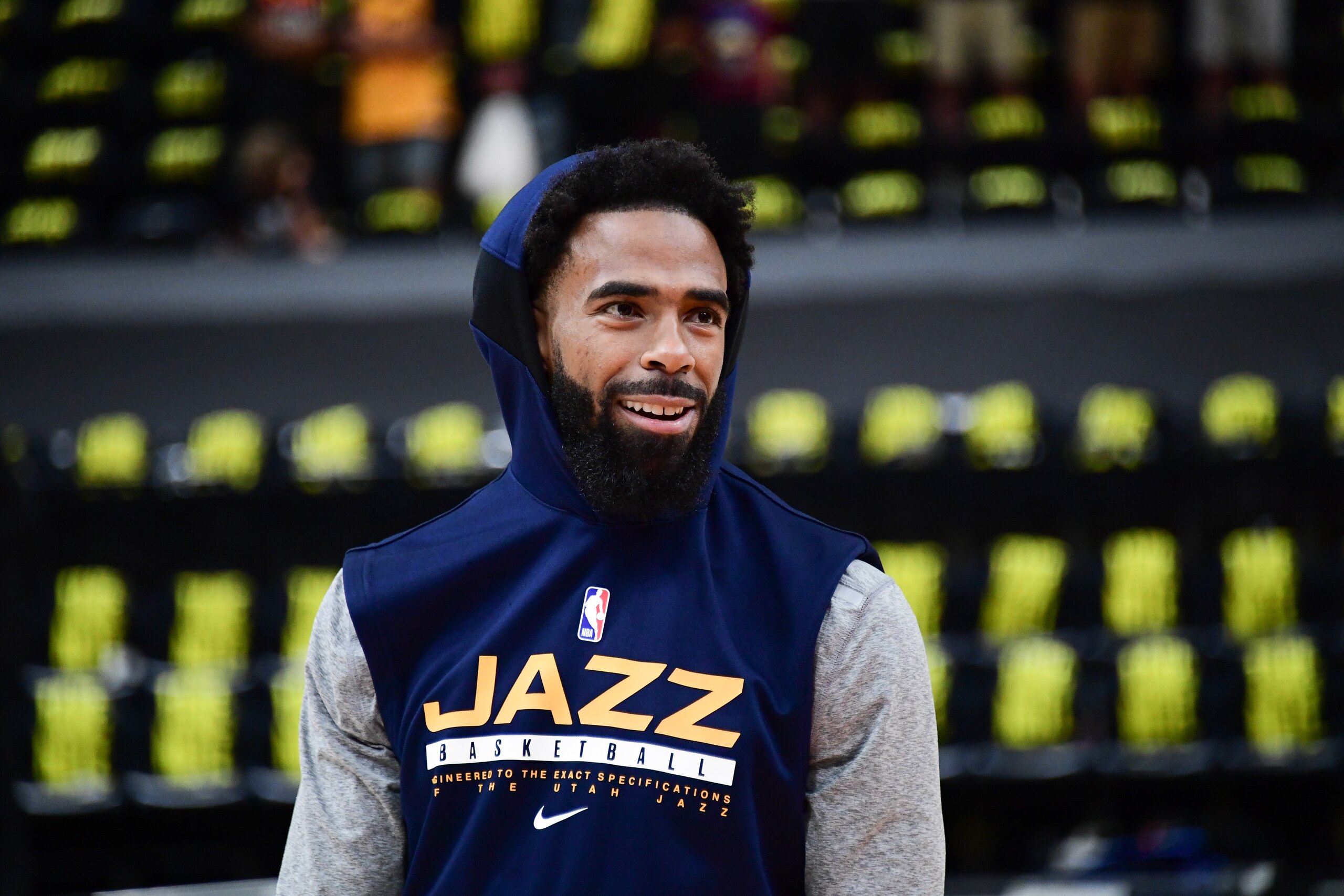 SALT LAKE CITY, UT - JUNE 16: Mike Conley #10 of the Utah Jazz smiles during the game against the LA Clippers during Round 2, Game 5 of the 2021 NBA Playoffs on June 16, 2021 at vivint.SmartHome Arena in Salt Lake City, Utah. NOTE TO USER: User expressly acknowledges and agrees that, by downloading and or using this Photograph, User is consenting to the terms and conditions of the Getty Images License Agreement. Mandatory Copyright Notice: Copyright 2021 NBAE (Photo by Adam Pantozzi/NBAE via Getty Images)