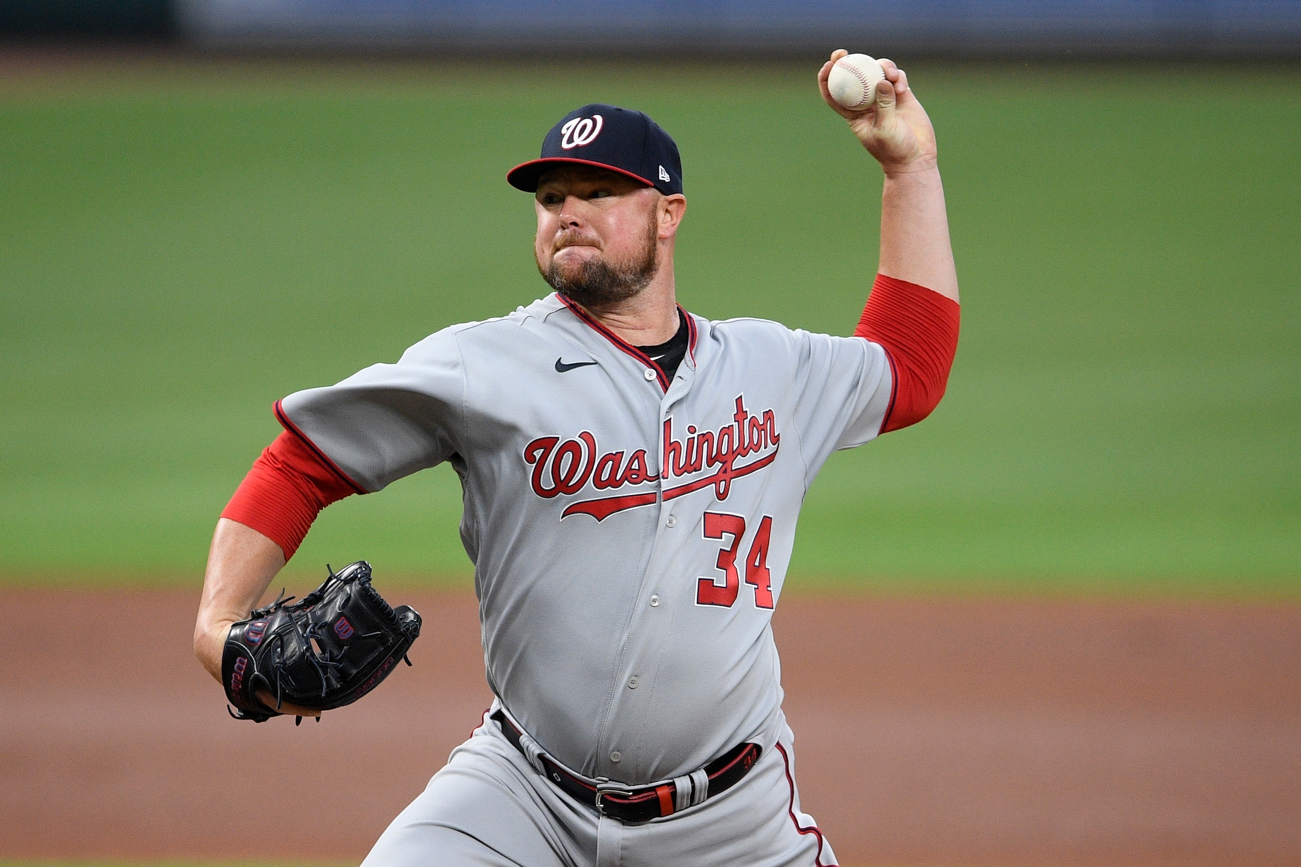 Washington Nationals starting pitcher Jon Lester (34) delivers a pitch during a baseball game against the Baltimore Orioles, Saturday, July 24, 2021, in Baltimore. (AP Photo/Nick Wass)