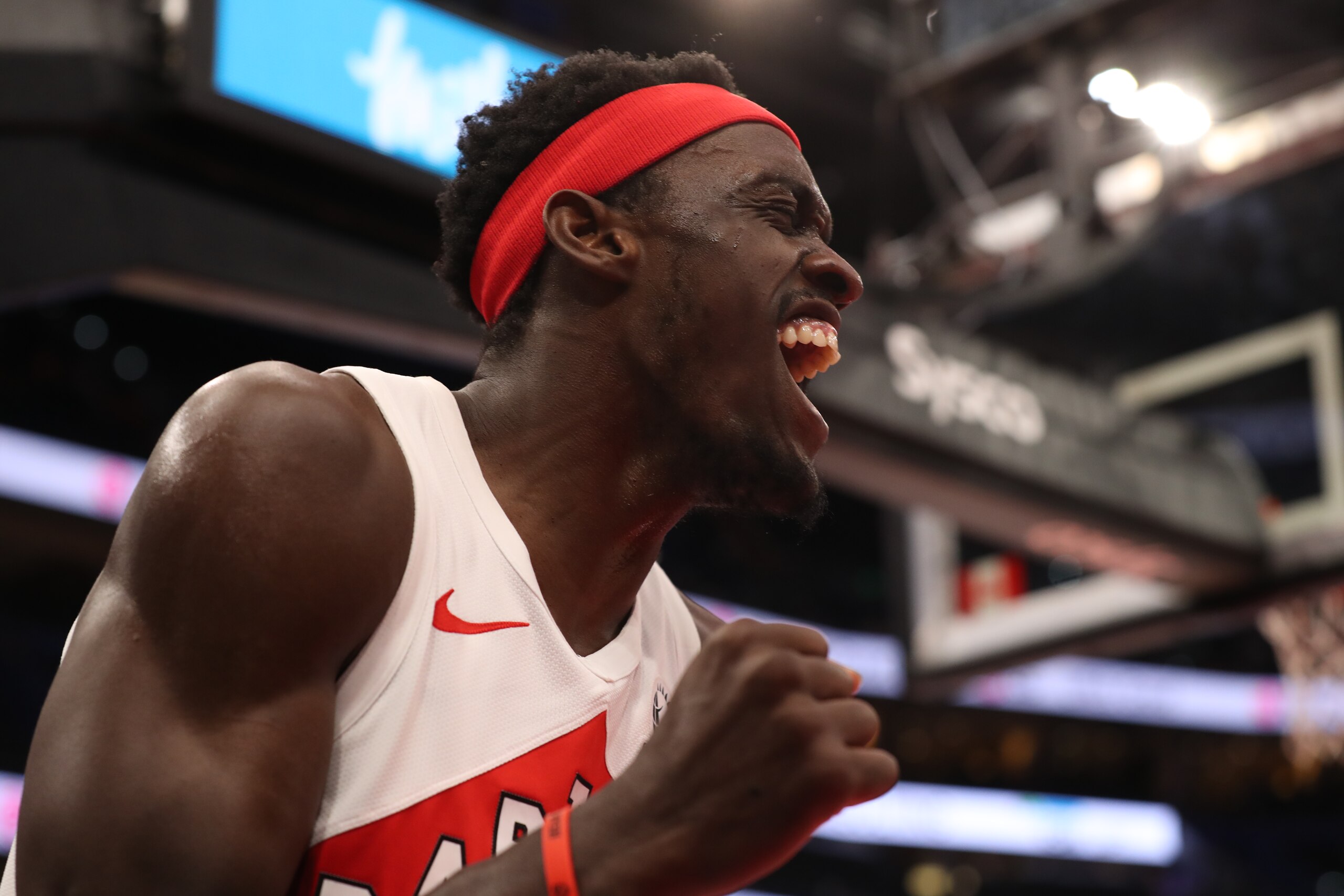 TAMPA, FL- MAY 8: Pascal Siakam #43 of the Toronto Raptors celebrates during the game against the Memphis Grizzlies on May 8, 2021 at Amalie Arena in Tampa, Florida. NOTE TO USER: User expressly acknowledges and agrees that, by downloading and or using this Photograph, user is consenting to the terms and conditions of the Getty Images License Agreement. Mandatory Copyright Notice: Copyright 2021 NBAE (Photo by Scott Audette/NBAE via Getty Images) TAMPA, FL- MAY 8: Pascal Siakam #43 of the Toronto Raptors celebrates during the game against the Memphis Grizzlies on May 8, 2021 at Amalie Arena in Tampa, Florida. NOTE TO USER: User expressly acknowledges and agrees that, by downloading and or using this Photograph, user is consenting to the terms and conditions of the Getty Images License Agreement. Mandatory Copyright Notice: Copyright 2021 NBAE (Photo by Scott Audette/NBAE via Getty Images)