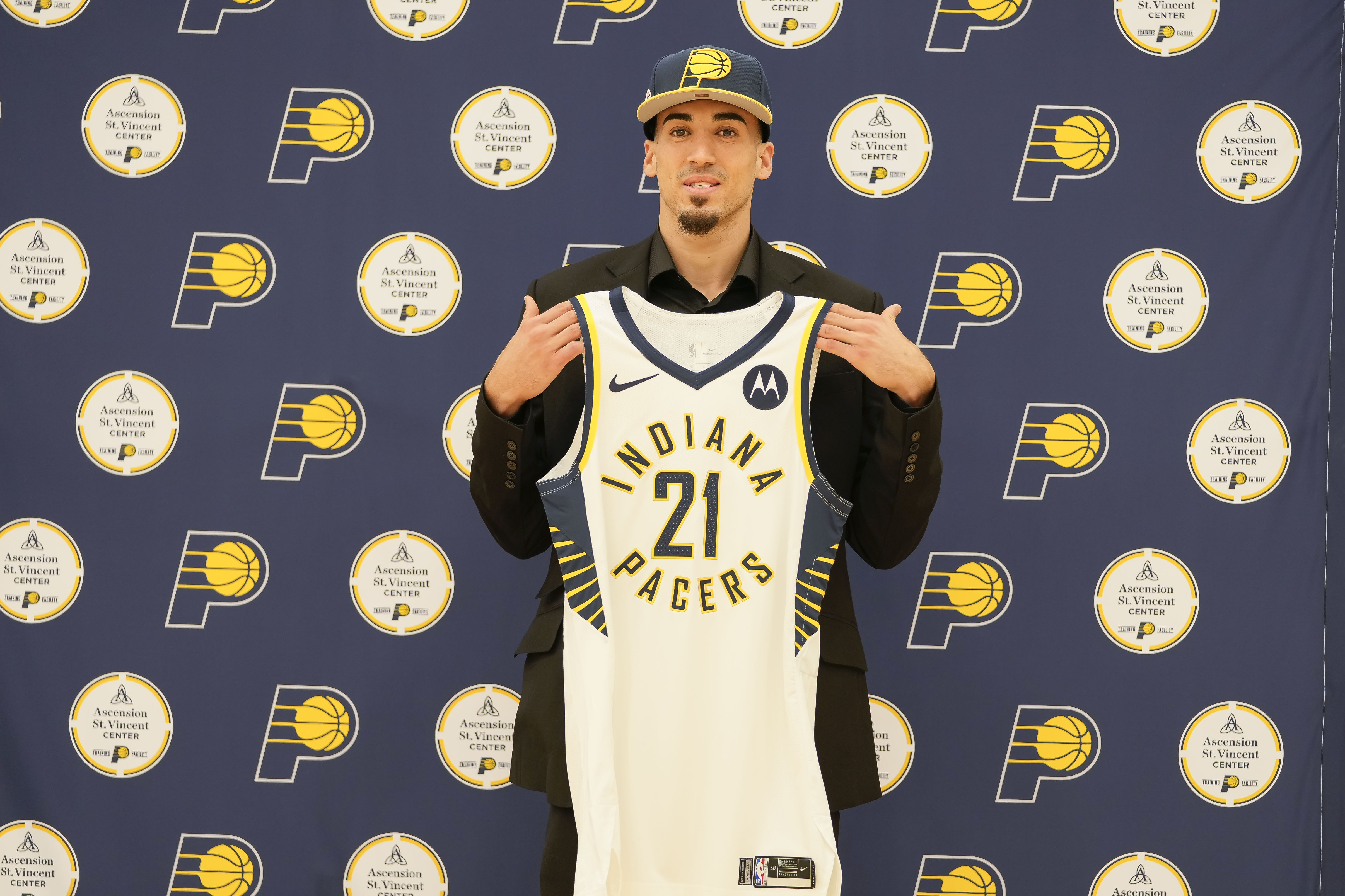 INDIANAPOLIS, IN - JULY 30: Chris Duarte of the Indiana Pacers poses for a photo during the press conference on July 30, 2021 at Ascension St. Vincent Center in Indianapolis, Indiana. NOTE TO USER: User expressly acknowledges and agrees that, by downloading and or using this Photograph, user is consenting to the terms and conditions of the Getty Images License Agreement. Mandatory Copyright Notice: Copyright 2021 NBAE (Photo by  A.J. Mast/NBAE via Getty Images)