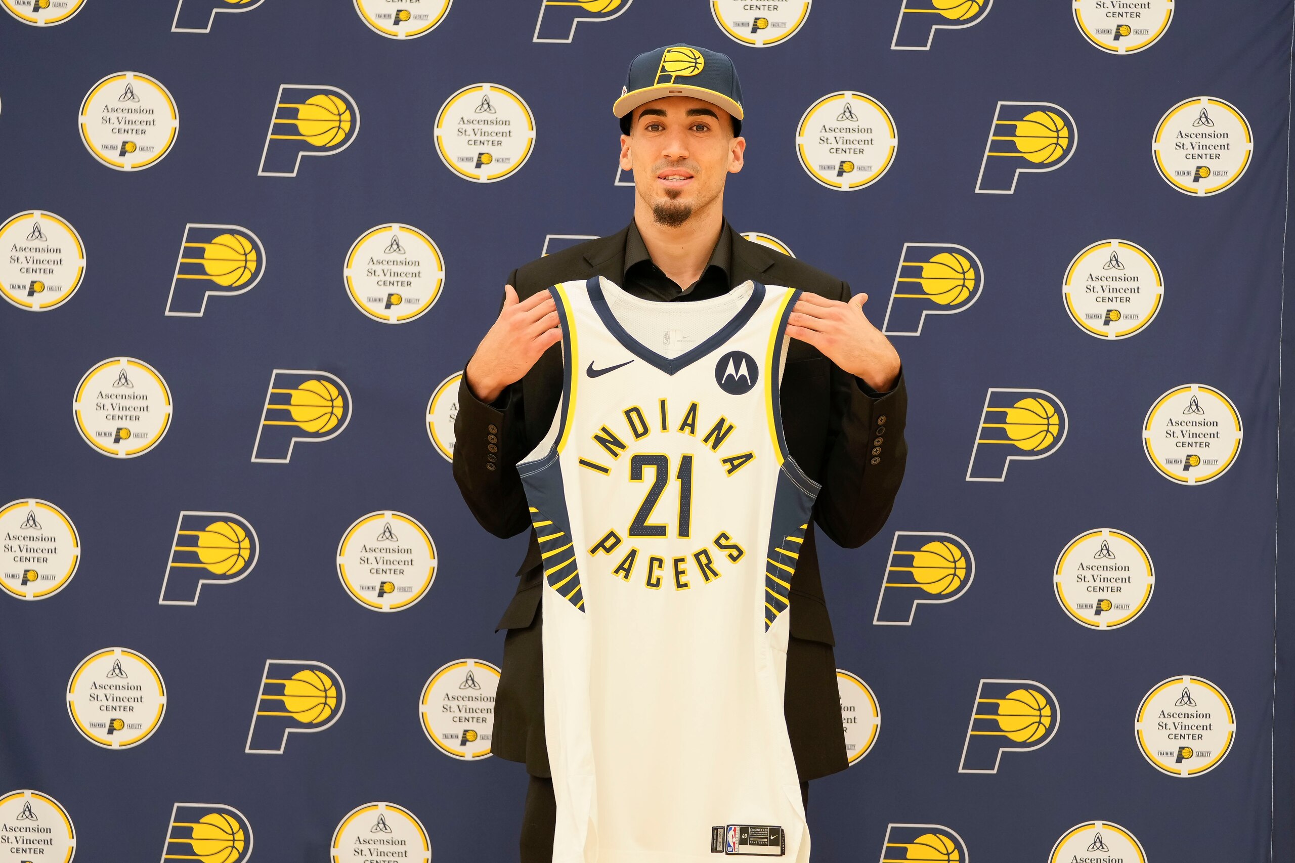 INDIANAPOLIS, IN - JULY 30: Chris Duarte of the Indiana Pacers poses for a photo during the press conference on July 30, 2021 at Ascension St. Vincent Center in Indianapolis, Indiana. NOTE TO USER: User expressly acknowledges and agrees that, by downloading and or using this Photograph, user is consenting to the terms and conditions of the Getty Images License Agreement. Mandatory Copyright Notice: Copyright 2021 NBAE (Photo by A.J. Mast/NBAE via Getty Images) INDIANAPOLIS, IN - JULY 30: Chris Duarte of the Indiana Pacers poses for a photo during the press conference on July 30, 2021 at Ascension St. Vincent Center in Indianapolis, Indiana. NOTE TO USER: User expressly acknowledges and agrees that, by downloading and or using this Photograph, user is consenting to the terms and conditions of the Getty Images License Agreement. Mandatory Copyright Notice: Copyright 2021 NBAE (Photo by A.J. Mast/NBAE via Getty Images)