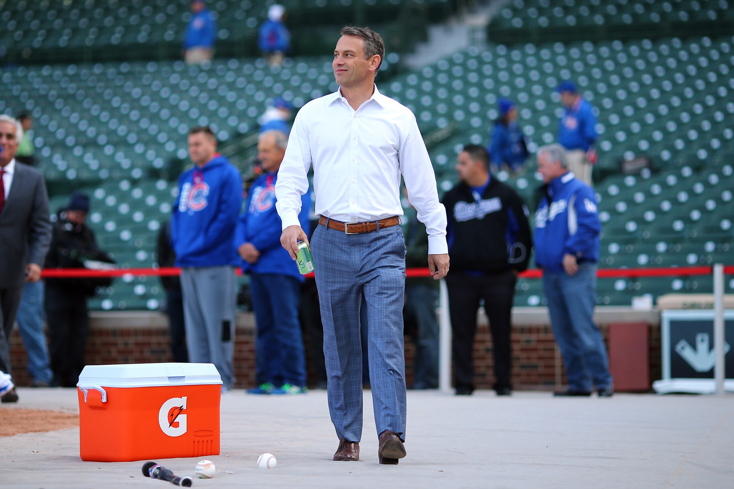 CHICAGO, IL - APRIL 12: Chicago Cubs General Manager Jed Hoyer walks on the field ahead of the game between the Los Angeles Dodgers and the Chicago Cubs at Wrigley Field on Wednesday, April, 12 2017 in Chicago, Illinois. (Photo by Alex Trautwig/MLB Photos) 