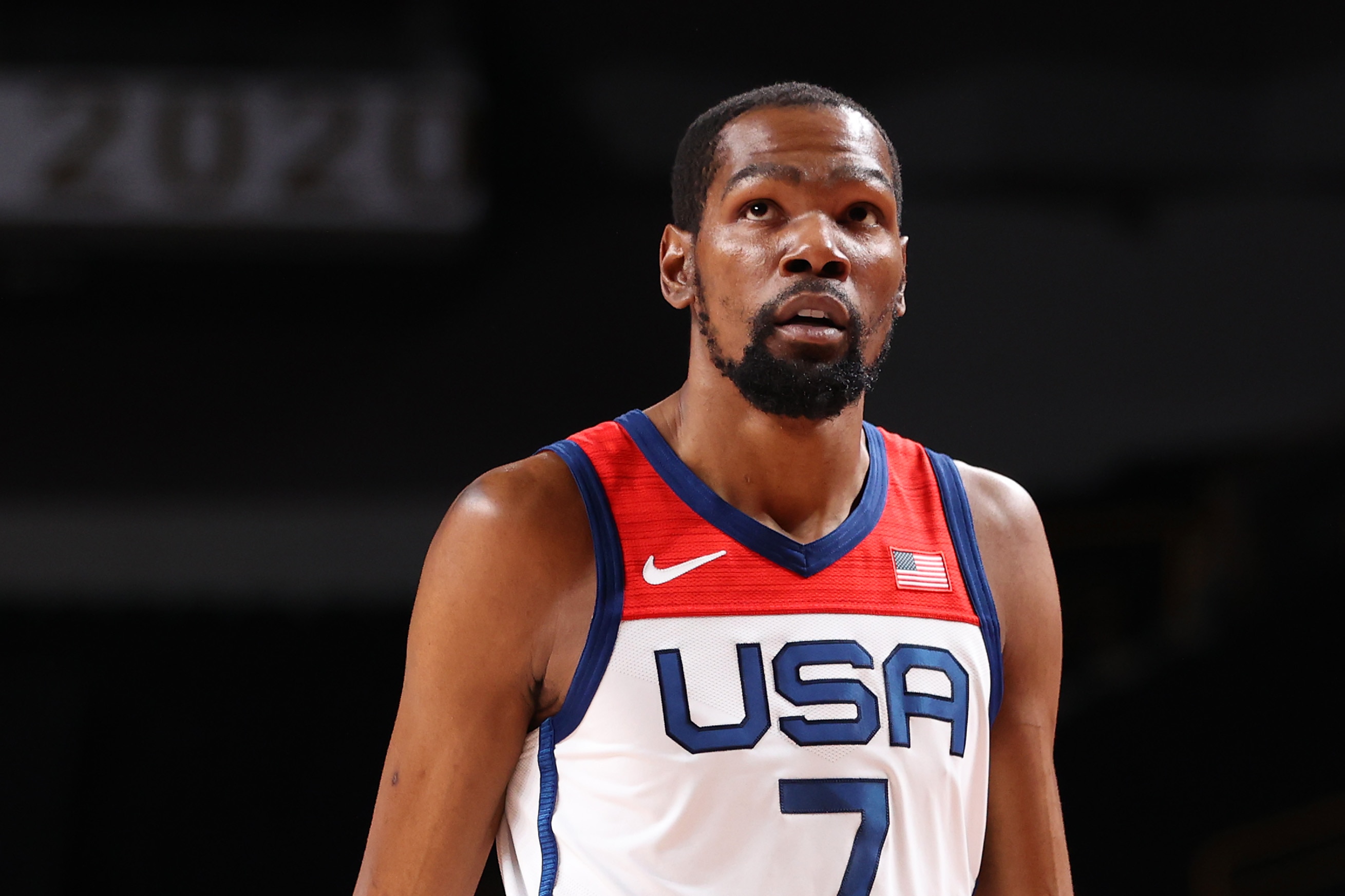 SAITAMA, JAPAN - JULY 31: Kevin Durant #7 of Team United States looks on during the first half of the United States' Men's Basketball Preliminary Round Group A game against Czech Republicon day eight of the Tokyo 2020 Olympic Games at Saitama Super Arena on July 31, 2021 in Saitama, Japan. (Photo by Gregory Shamus/Getty Images)