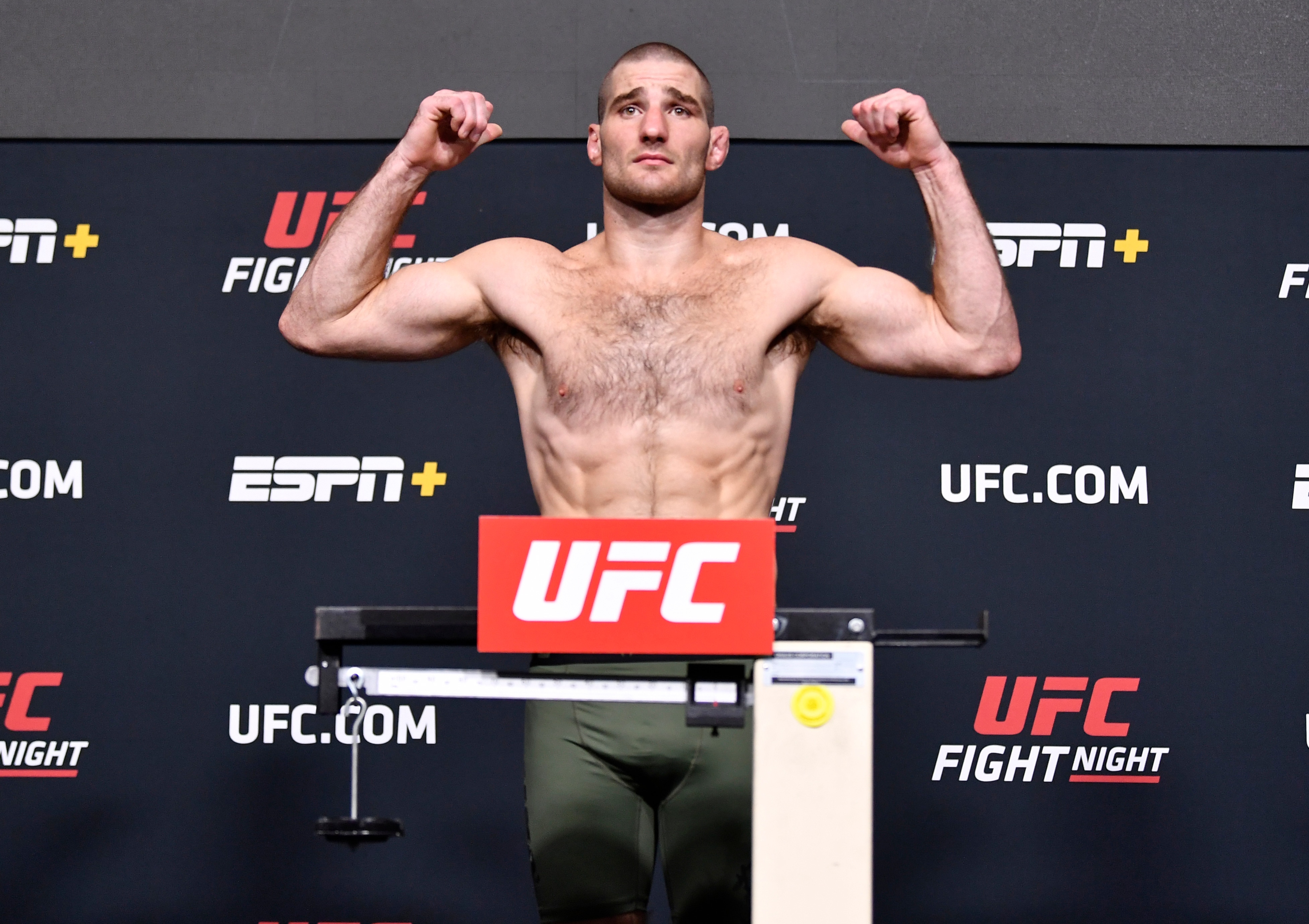 LAS VEGAS, NEVADA - JULY 30: Sean Strickland poses on the scale during the UFC Fight Night weigh-in at UFC APEX on July 30, 2021 in Las Vegas, Nevada. (Photo by Chris Unger/Zuffa LLC)