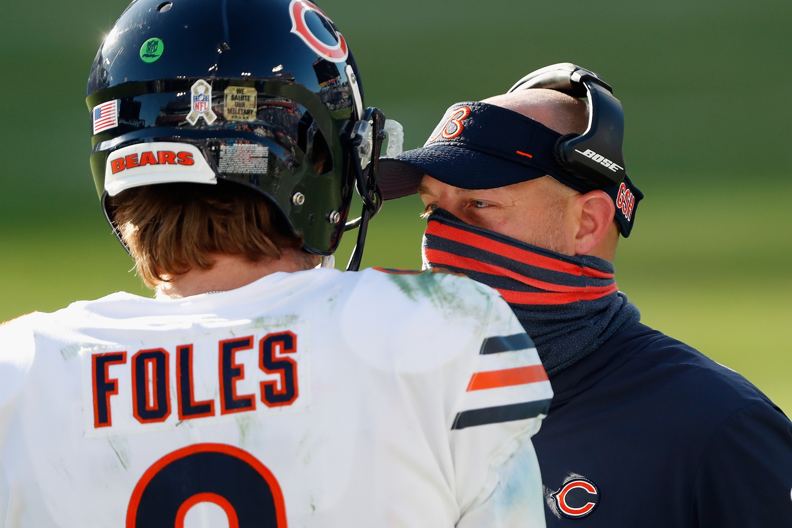 NASHVILLE, TENNESSEE - NOVEMBER 08: Head coach Matt Nagy of the Chicago Bears talks with quarterback Nick Foles #9 during the third quarter against the Tennessee Titans at Nissan Stadium on November 08, 2020 in Nashville, Tennessee. (Photo by Wesley Hitt/Getty Images)