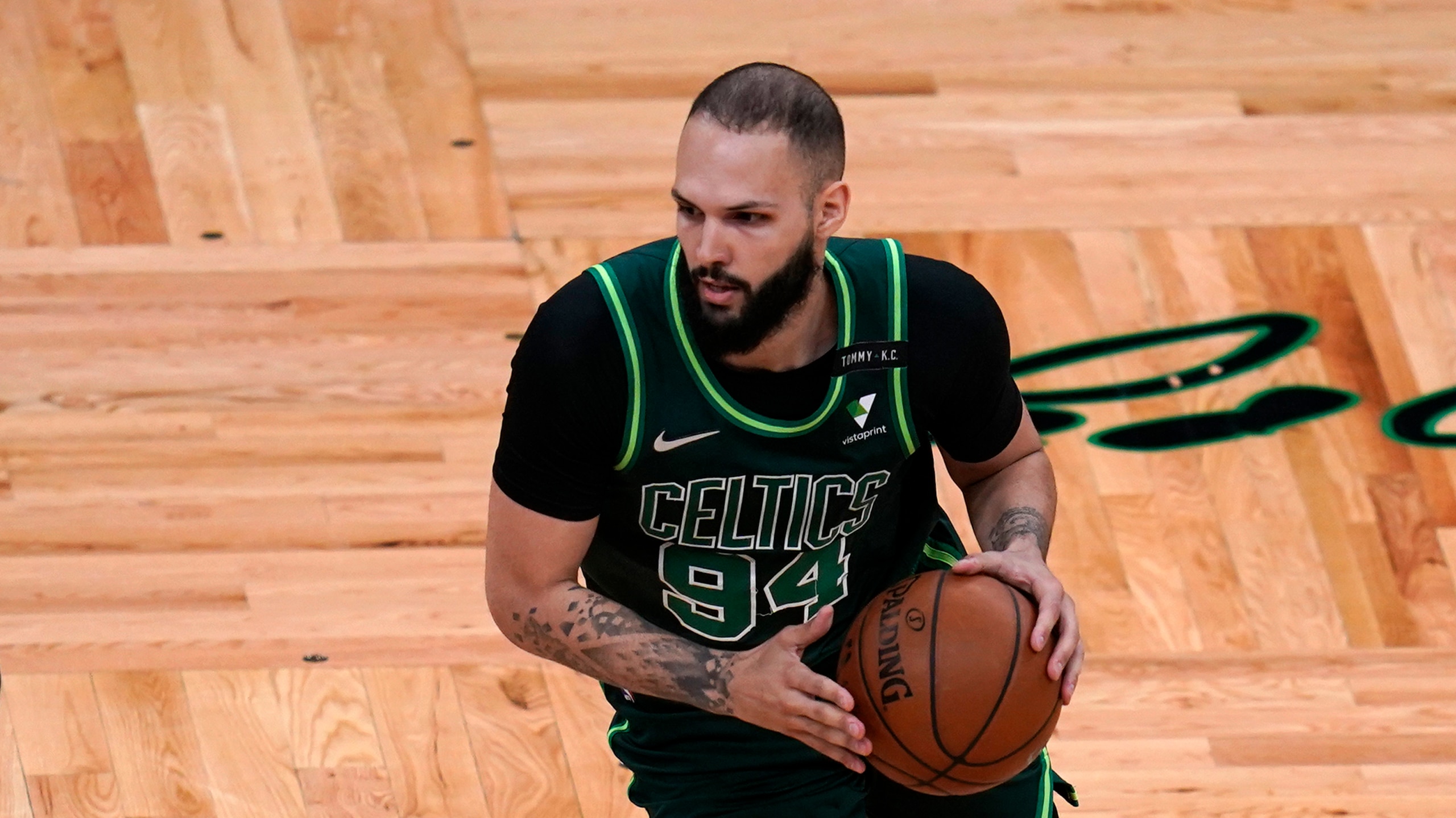 Boston Celtics guard Evan Fournier (94) during the first half of an NBA basketball game, Tuesday, May 11, 2021, in Boston. (AP Photo/Charles Krupa)