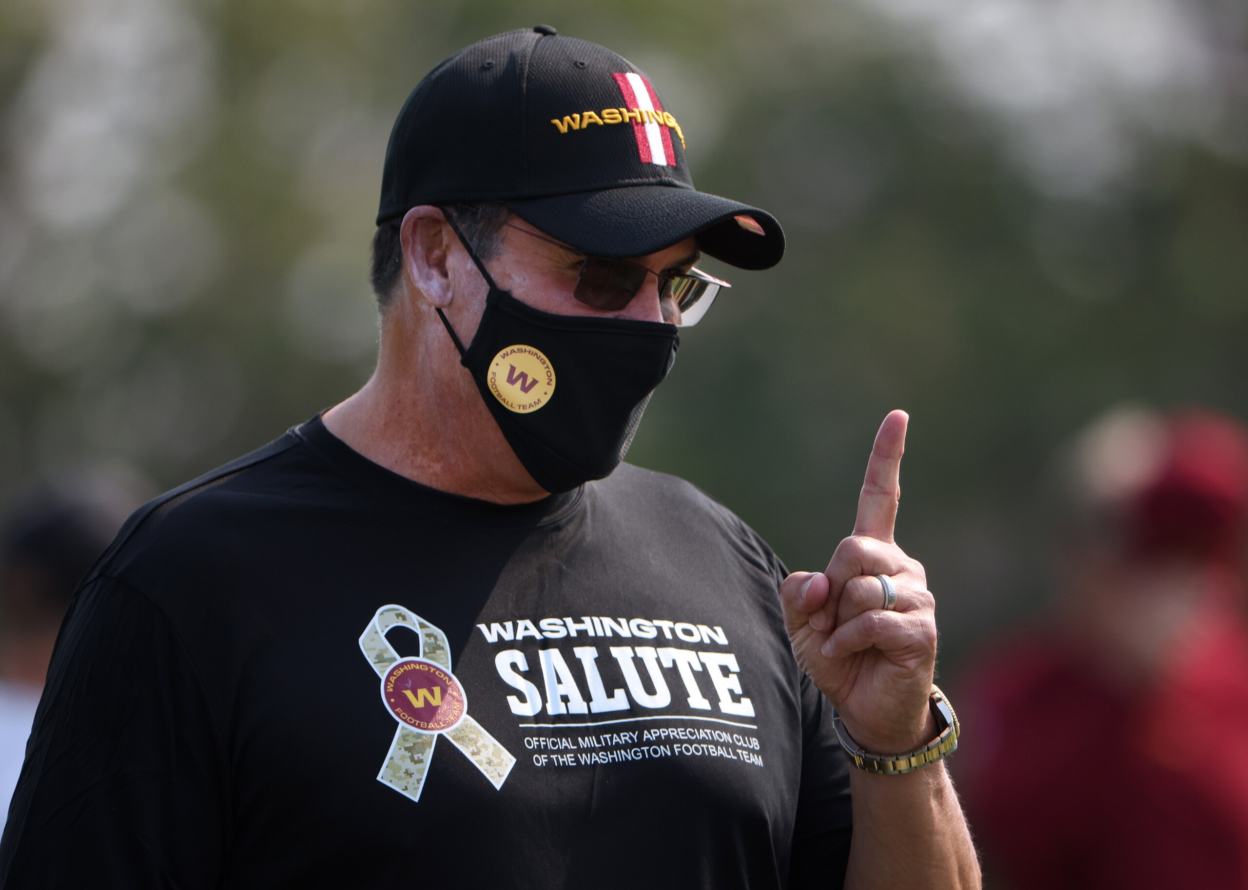 RICHMOND, VIRGINIA - JULY 29: Head Coach Ron Rivera of the Washington Football Team watches his team during training camp at the Bon Secours Washington Football Team training center park on July 29, 2021 in Richmond, Virginia. (Photo by Kevin Dietsch/Getty Images)