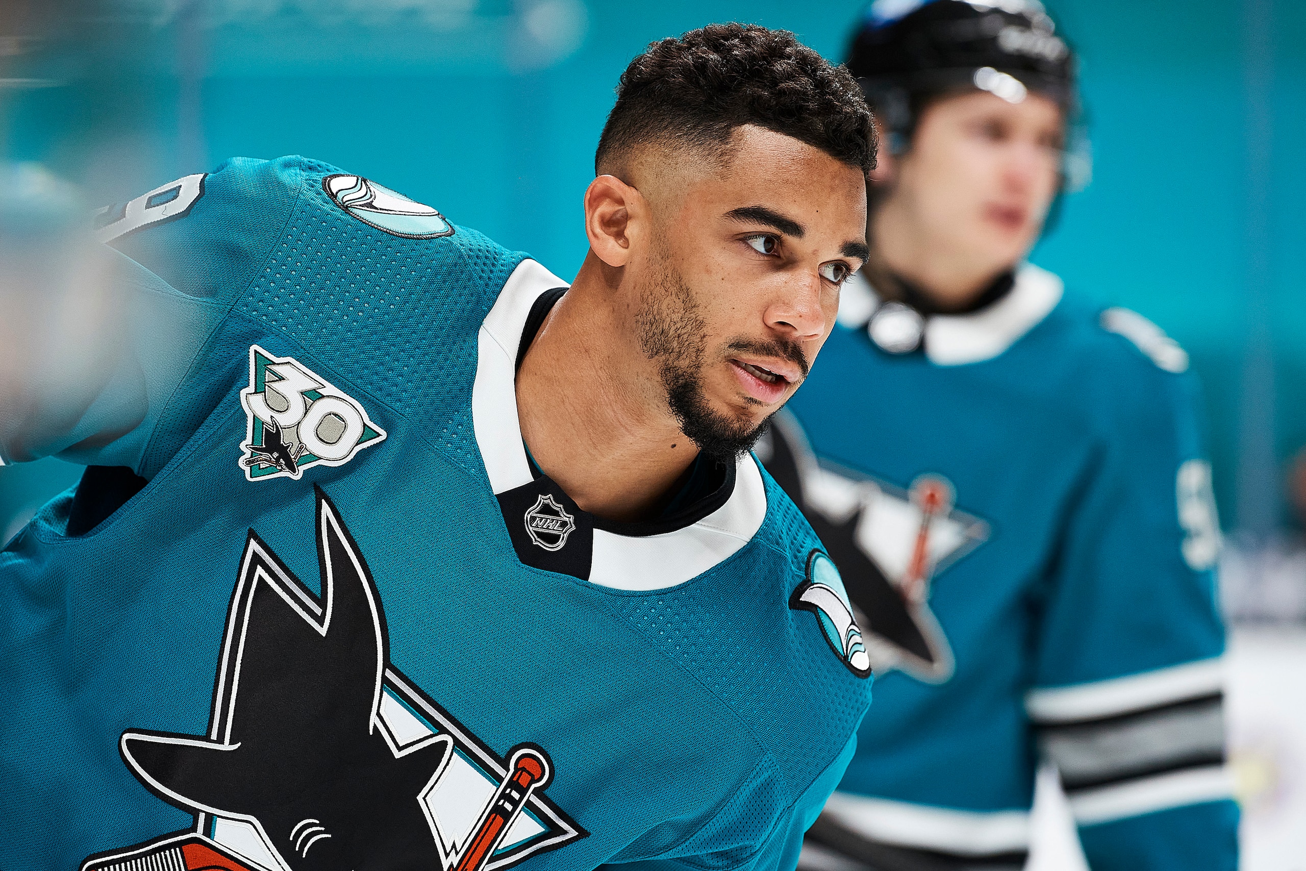 SAN JOSE, CA - MAY 12:  San Jose Sharks left wing Evander Kane (9) warms up before the San Jose Sharks game versus the Vegas Golden Knights on May 12, 2021, at SAP Center at San Jose in San Jose, CA. (Photo by Matt Cohen/Icon Sportswire via Getty Images)