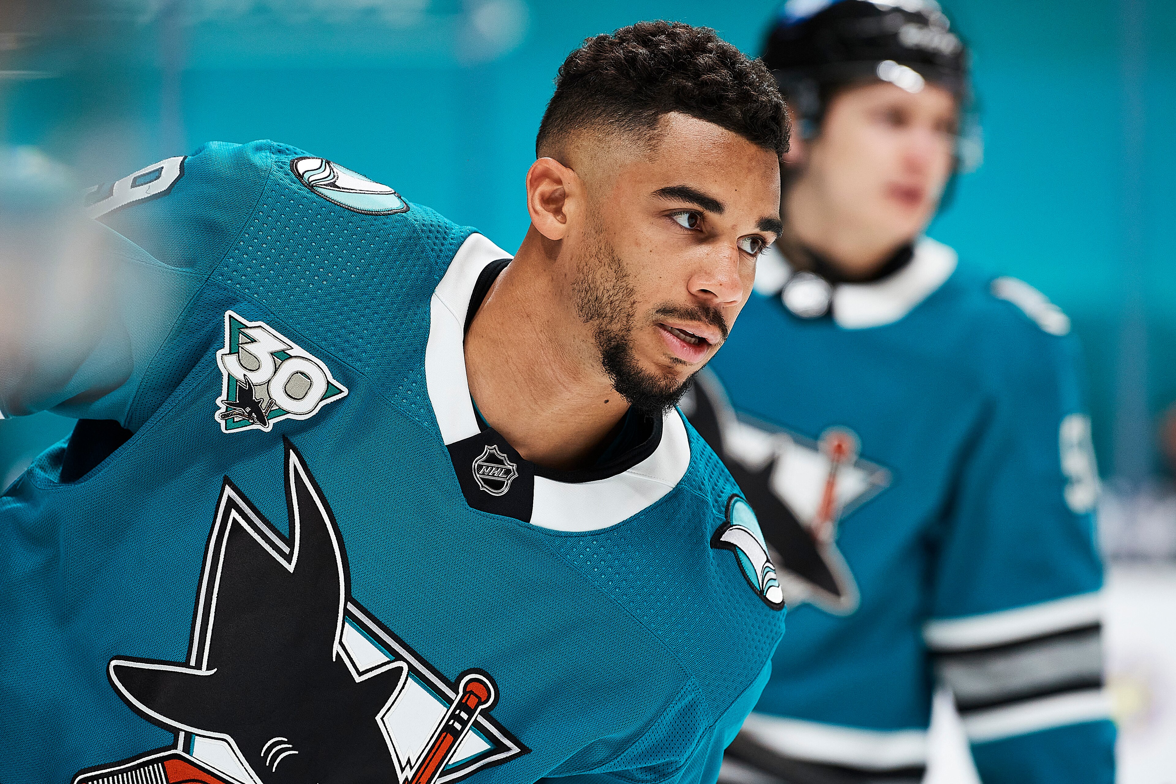 SAN JOSE, CA - MAY 12:  San Jose Sharks left wing Evander Kane (9) warms up before the San Jose Sharks game versus the Vegas Golden Knights on May 12, 2021, at SAP Center at San Jose in San Jose, CA. (Photo by Matt Cohen/Icon Sportswire via Getty Images)