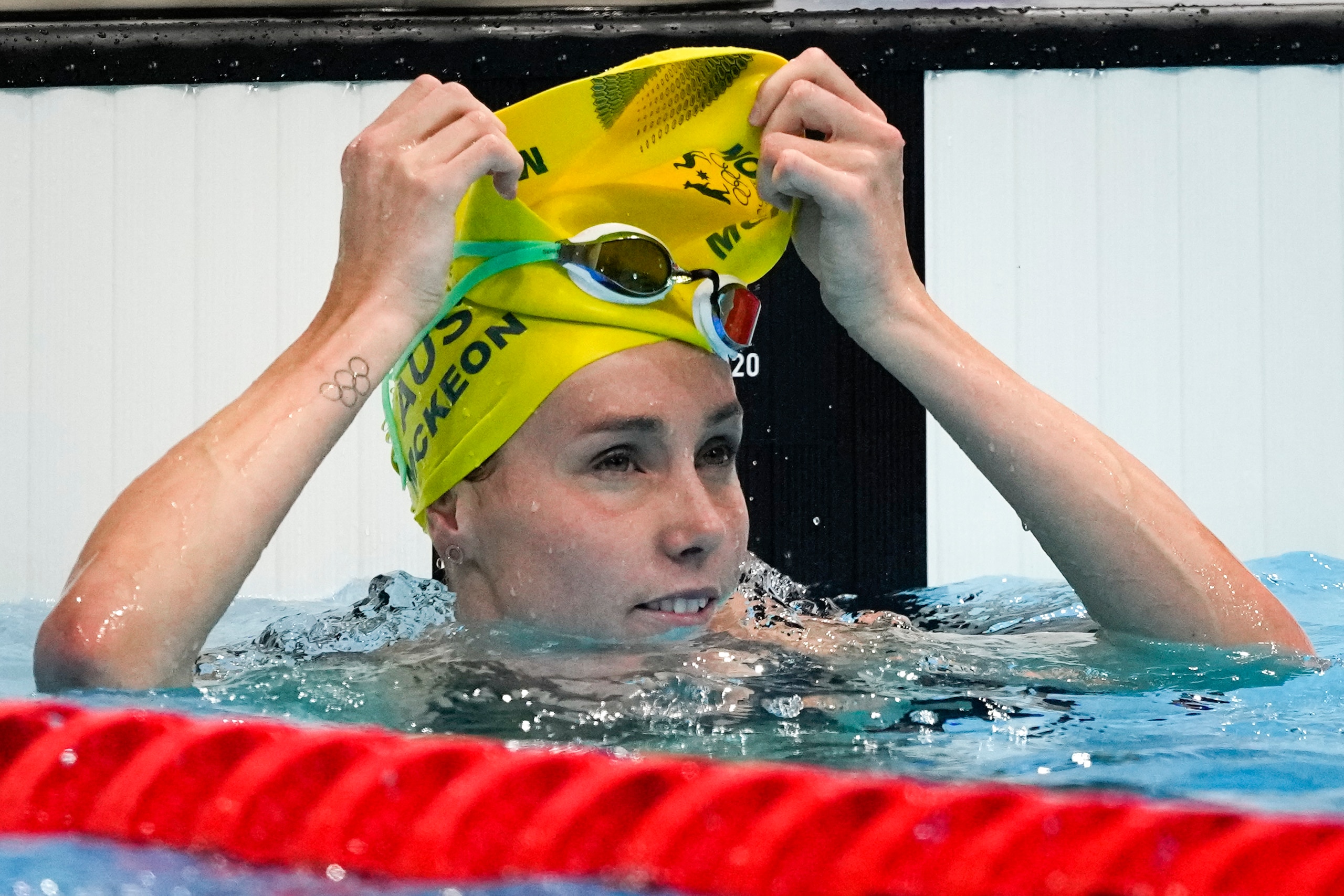 Emma Mckeon, of Australia, finishes a women's 50-meter freestyle heat at the 2020 Summer Olympics, Friday, July 30, 2021, in Tokyo, Japan. (AP Photo/Jae C. Hong)
