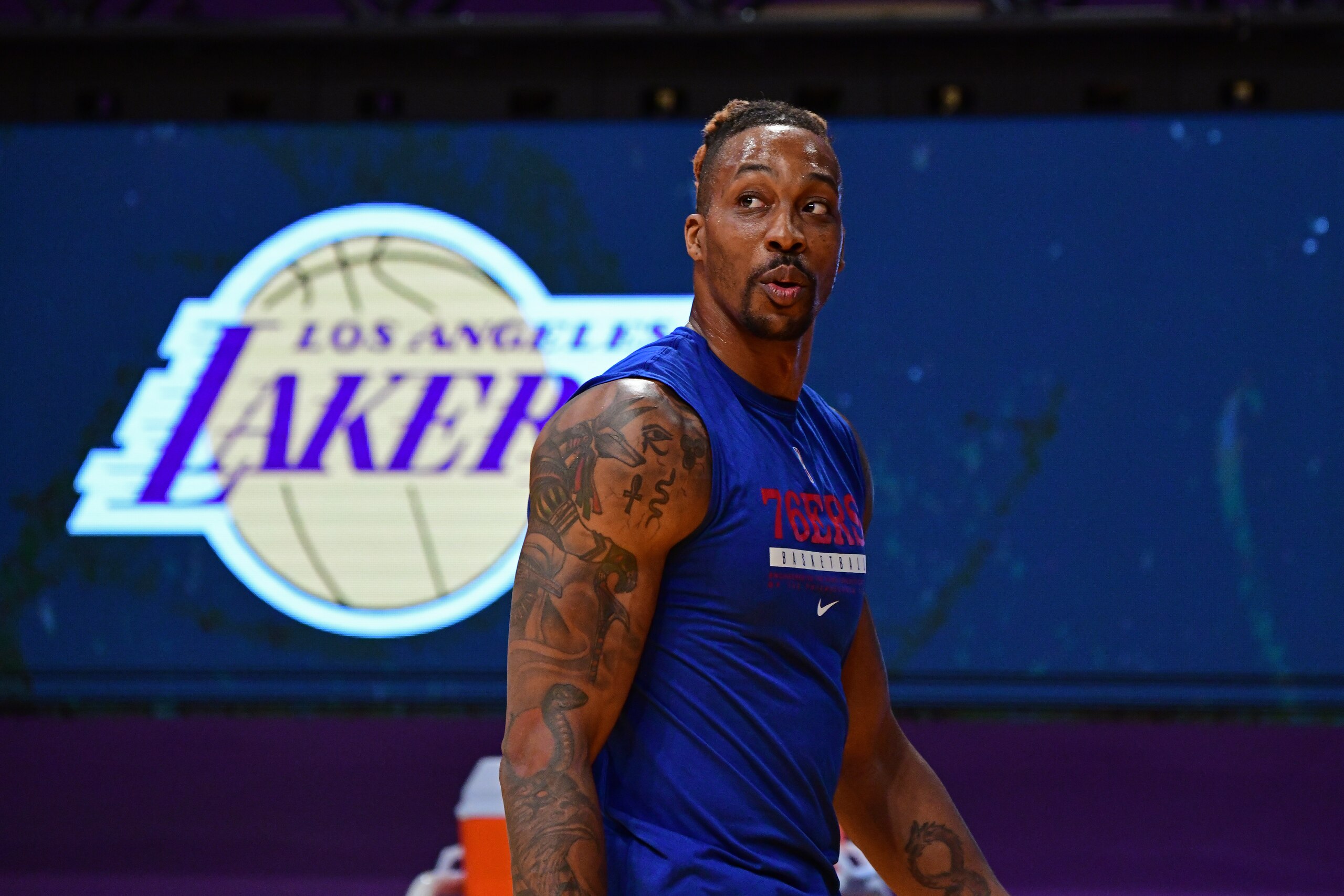 LOS ANGELES, CA - MARCH 25: Dwight Howard #39 of the Philadelphia 76ers walks off the court before the game against the Los Angeles Lakers on March 25, 2021 at STAPLES Center in Los Angeles, California. NOTE TO USER: User expressly acknowledges and agrees that, by downloading and/or using this Photograph, user is consenting to the terms and conditions of the Getty Images License Agreement. Mandatory Copyright Notice: Copyright 2021 NBAE (Photo by Adam Pantozzi/NBAE via Getty Images)