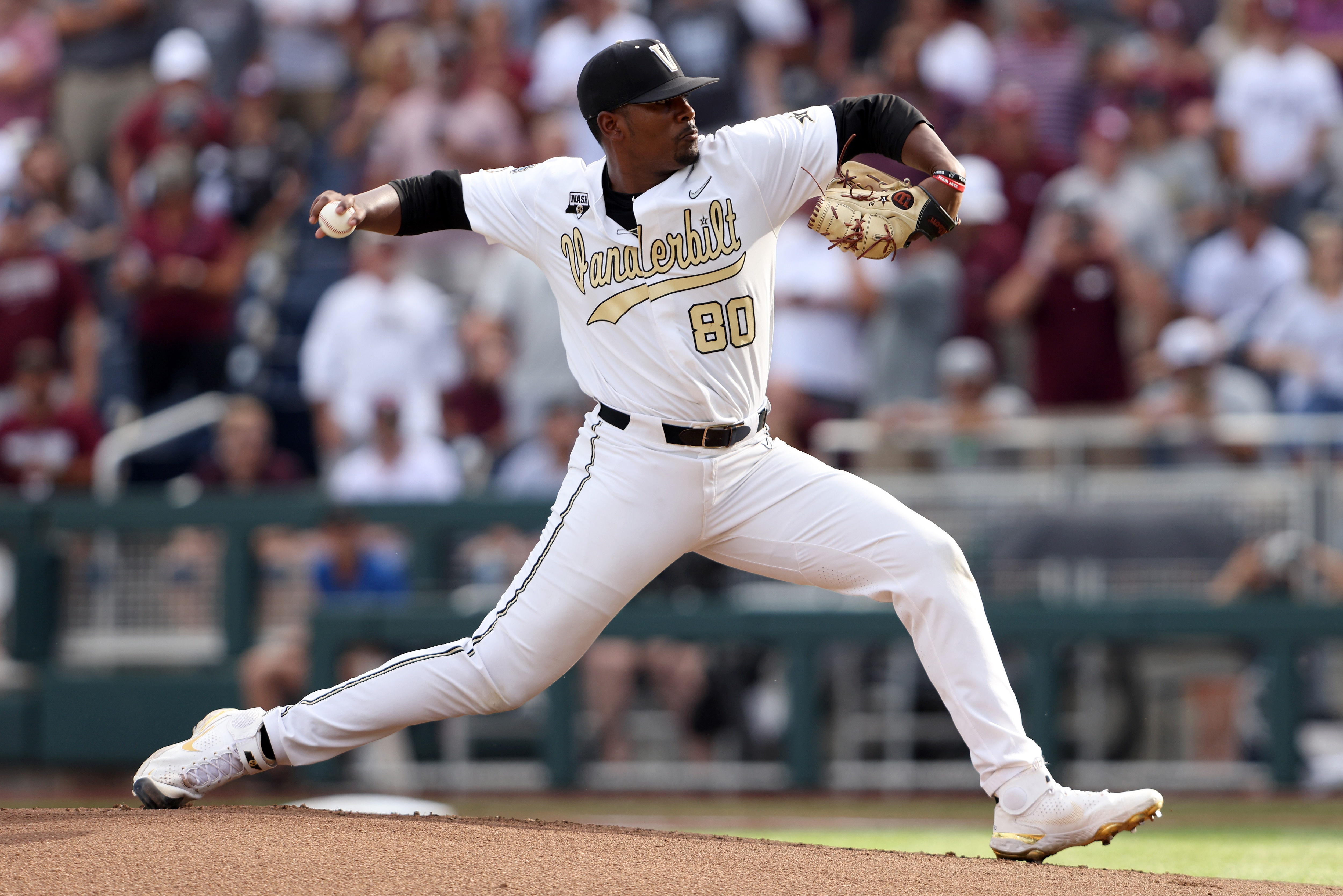 OMAHA, NEBRASKA - JUNE 30: Kumar Rocker #80 of the Vanderbilt pitches against Mississippi St. in the top of the first inning during game three of the College World Series Championship at TD Ameritrade Park Omaha on June 30, 2021 in Omaha, Nebraska. (Photo by Sean M. Haffey/Getty Images)