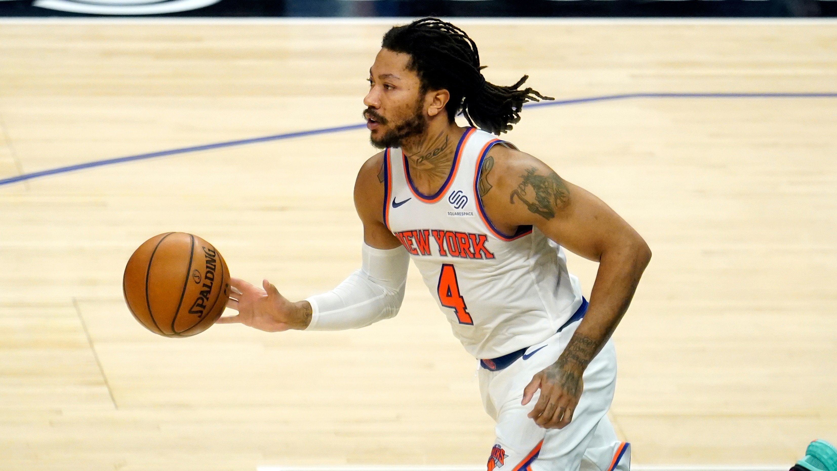 New York Knicks guard Derrick Rose dribbles during an NBA basketball game against the Los Angeles Clippers Sunday, May 9, 2021, in Los Angeles. (AP Photo/Marcio Jose Sanchez)