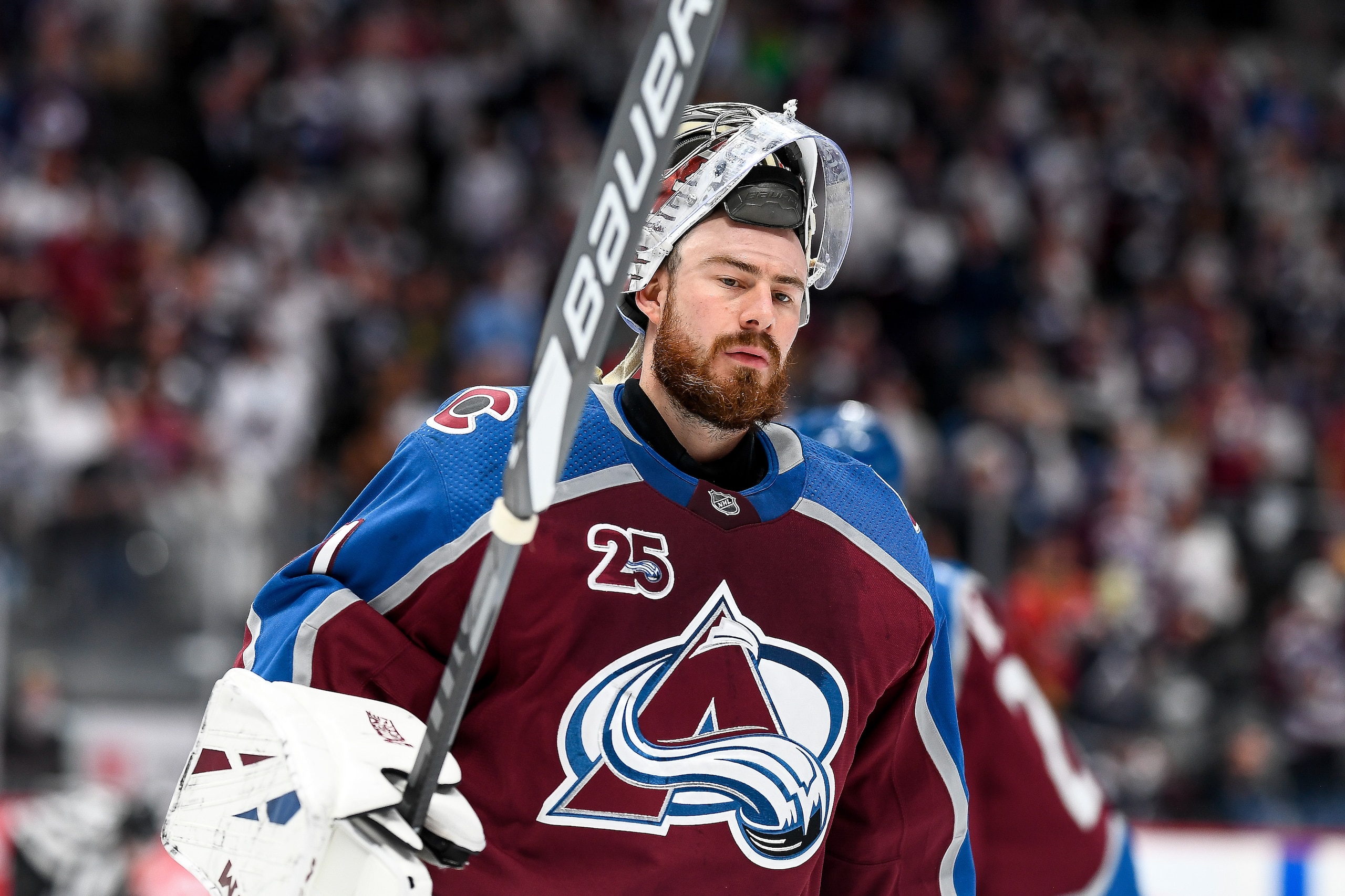 DENVER, CO - JUNE 08: Colorado Avalanche goaltender Philipp Grubauer (31) on the ice during a break in the action during a Stanley Cup Playoffs second round game between the Vegas Golden Knights and the Colorado Avalanche at Ball Arena in Denver, Colorado on June 8, 2021. (Photo by Dustin Bradford/Icon Sportswire via Getty Images)