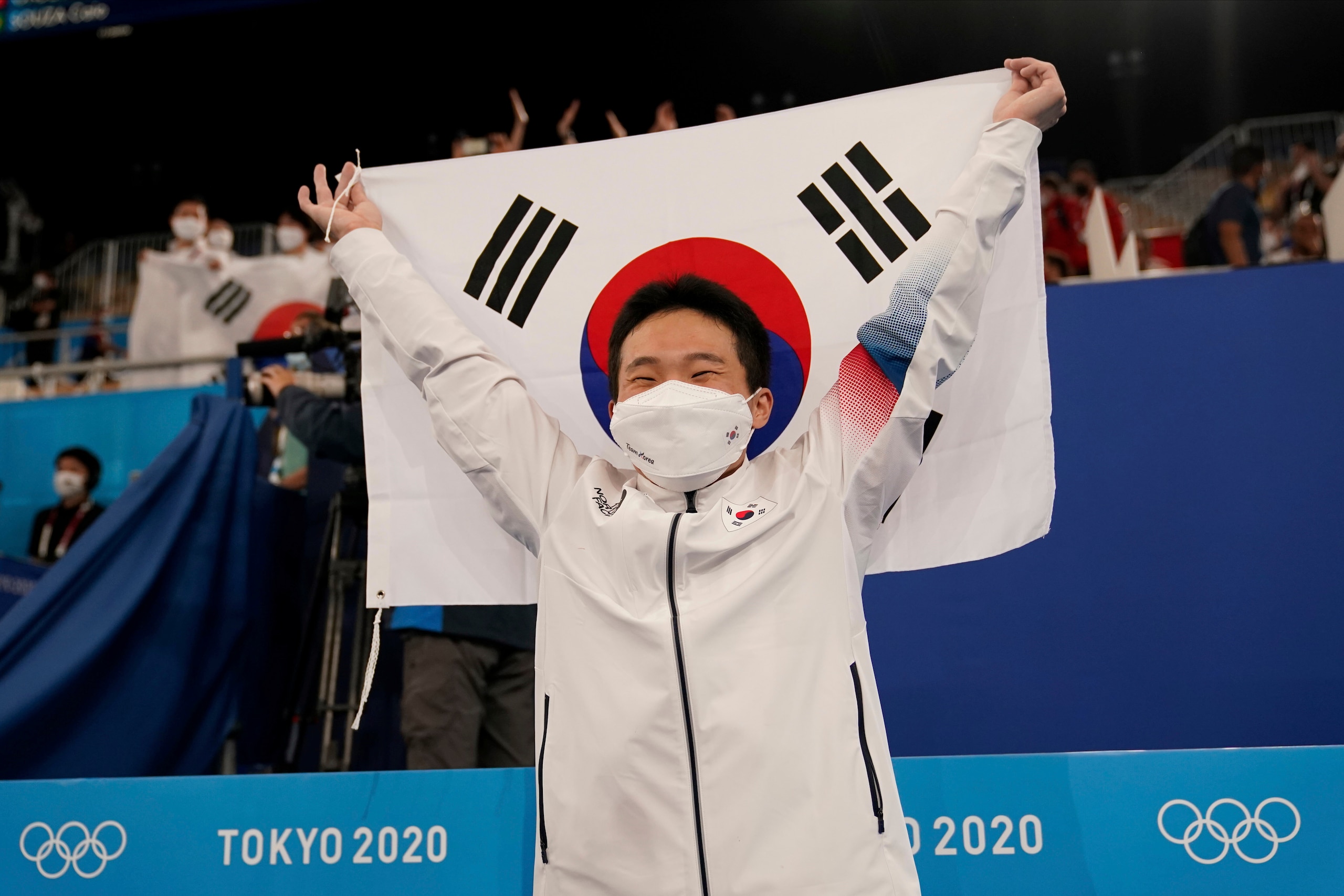 Shin Jeahwan, of South Korea, celebrates after winning the gold medal for the vault during the artistic gymnastics men's apparatus final at the 2020 Summer Olympics, Monday, Aug. 2, 2021, in Tokyo, Japan. (AP Photo/Ashley Landis)