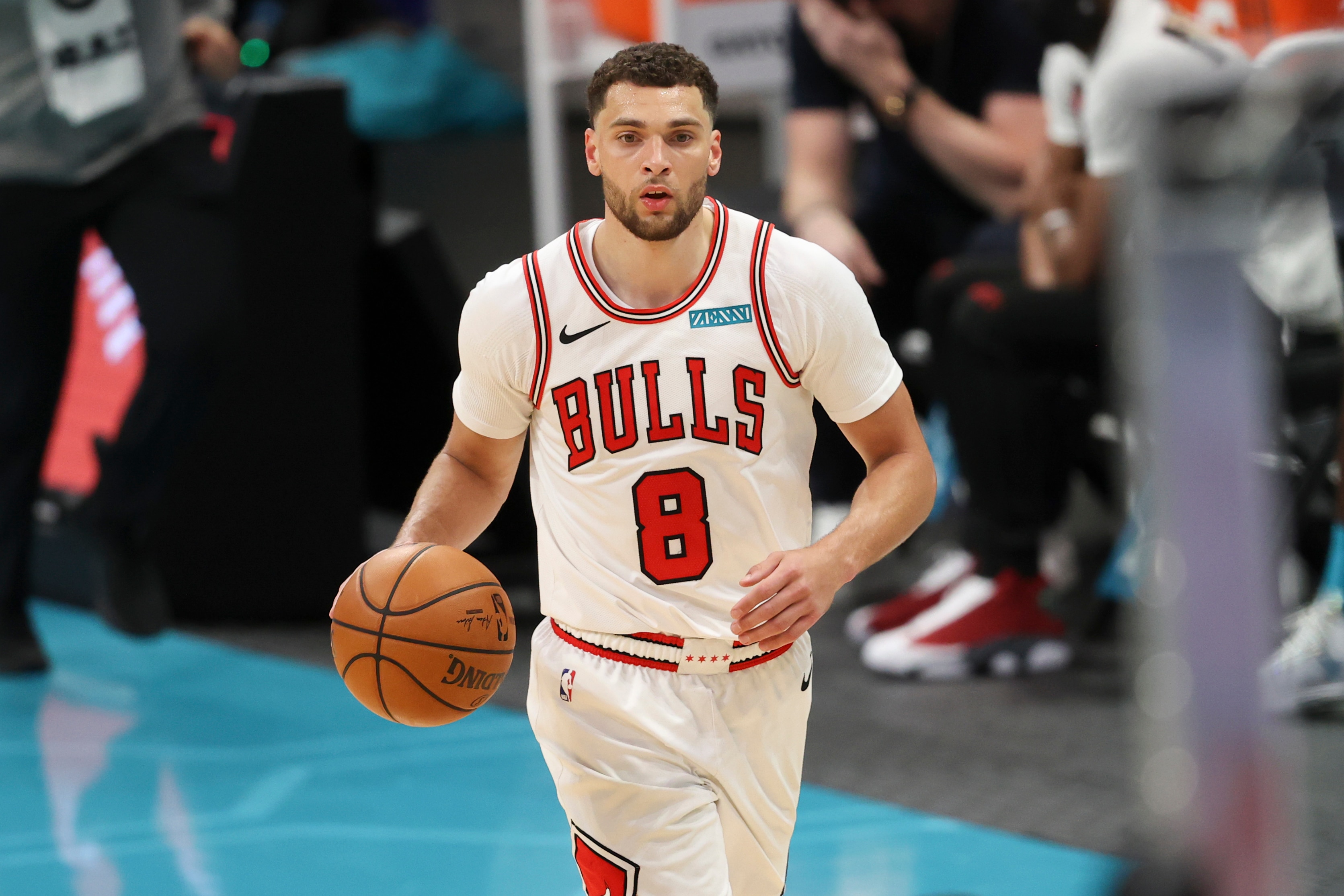 Chicago Bulls guard Zach LaVine brings the ball upcourt against the Charlotte Hornets in the second half of an NBA basketball game against the Chicago Bulls in Charlotte, N.C., Thursday, May 6, 2021. Chicago won 120-99. (AP Photo/Nell Redmond)