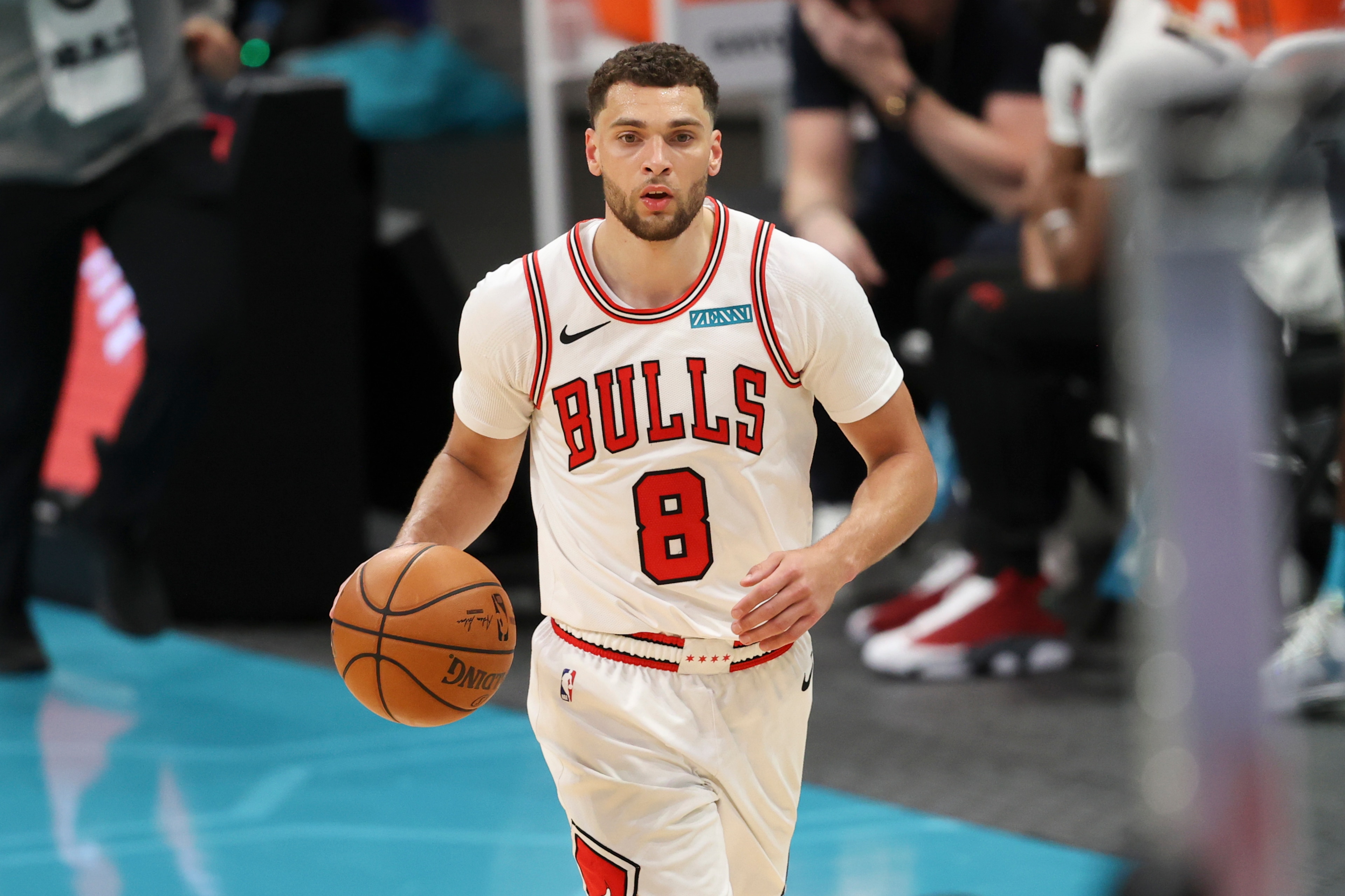 Chicago Bulls guard Zach LaVine brings the ball upcourt against the Charlotte Hornets in the second half of an NBA basketball game against the Chicago Bulls in Charlotte, N.C., Thursday, May 6, 2021. Chicago won 120-99. (AP Photo/Nell Redmond) Chicago Bulls guard Zach LaVine brings the ball upcourt against the Charlotte Hornets in the second half of an NBA basketball game against the Chicago Bulls in Charlotte, N.C., Thursday, May 6, 2021. Chicago won 120-99. (AP Photo/Nell Redmond)