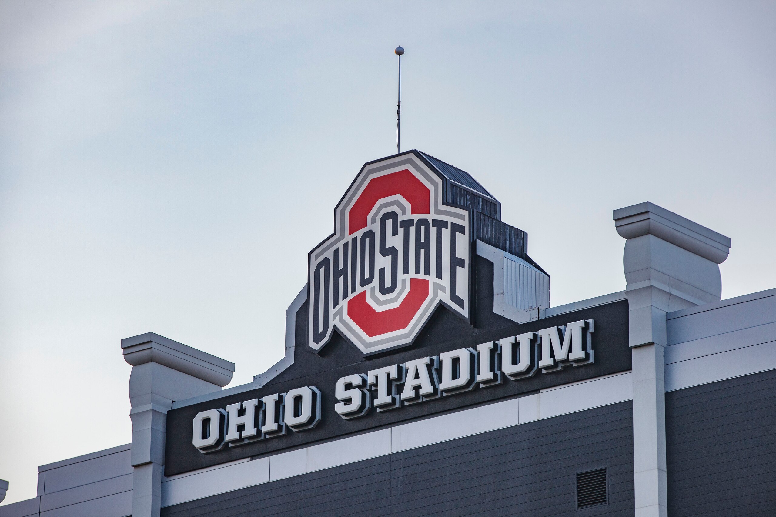 COLUMBUS, OHIO, UNITED STATES - 2021/07/21: The Ohio State University logo at the top of the Ohio Stadium at sunset, during a summer day on The Ohio State University campus. (Photo by Stephen Zenner/SOPA Images/LightRocket via Getty Images)