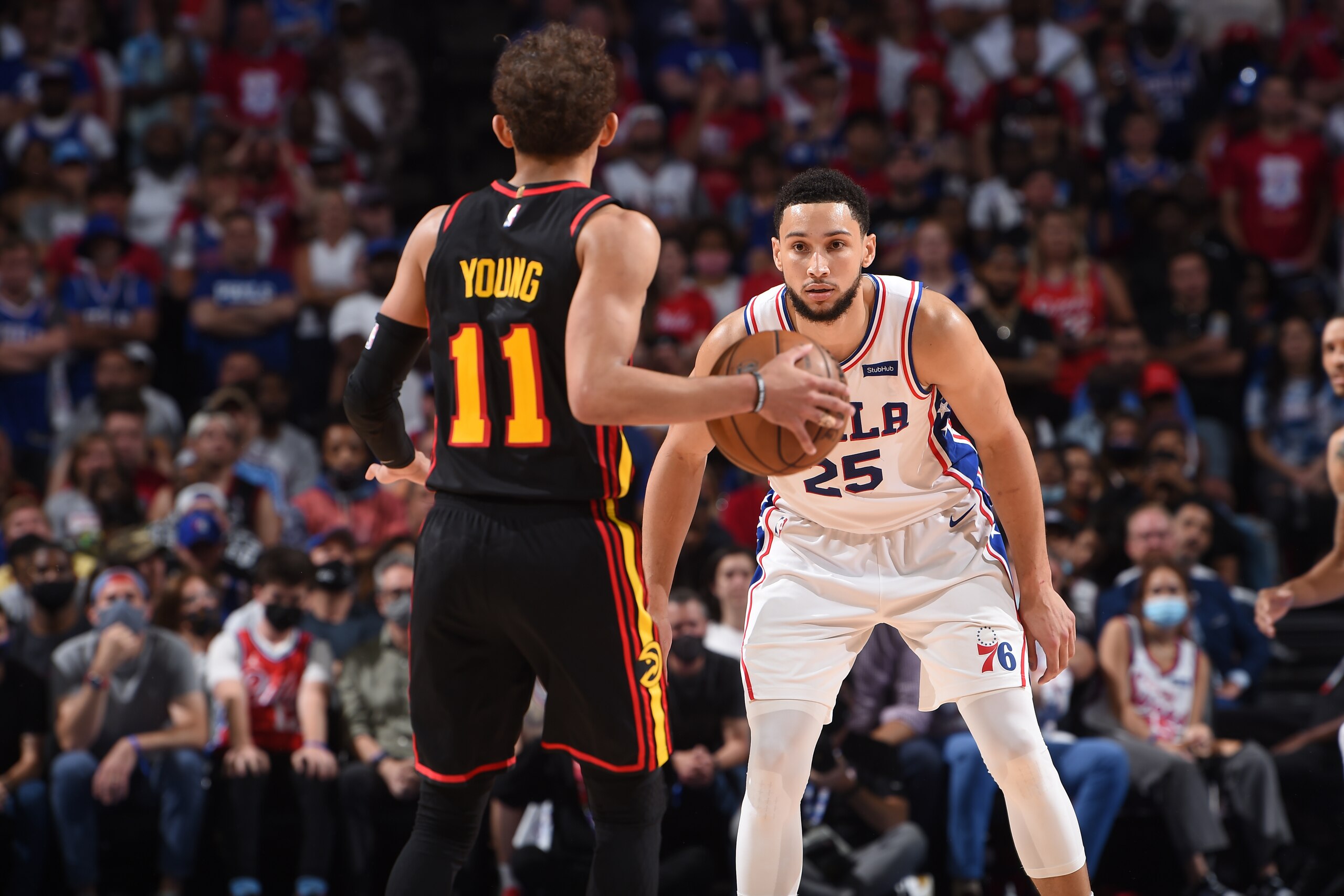 PHILADELPHIA, PA - JUNE 20: Ben Simmons #25 of the Philadelphia 76ers plays defense against Trae Young #11 of the Atlanta Hawks during Round 2, Game 7 of the Eastern Conference Playoffs on June 20, 2021 at Wells Fargo Center in Philadelphia, Pennsylvania. NOTE TO USER: User expressly acknowledges and agrees that, by downloading and/or using this Photograph, user is consenting to the terms and conditions of the Getty Images License Agreement. Mandatory Copyright Notice: Copyright 2021 NBAE (Photo by David Dow/NBAE via Getty Images)