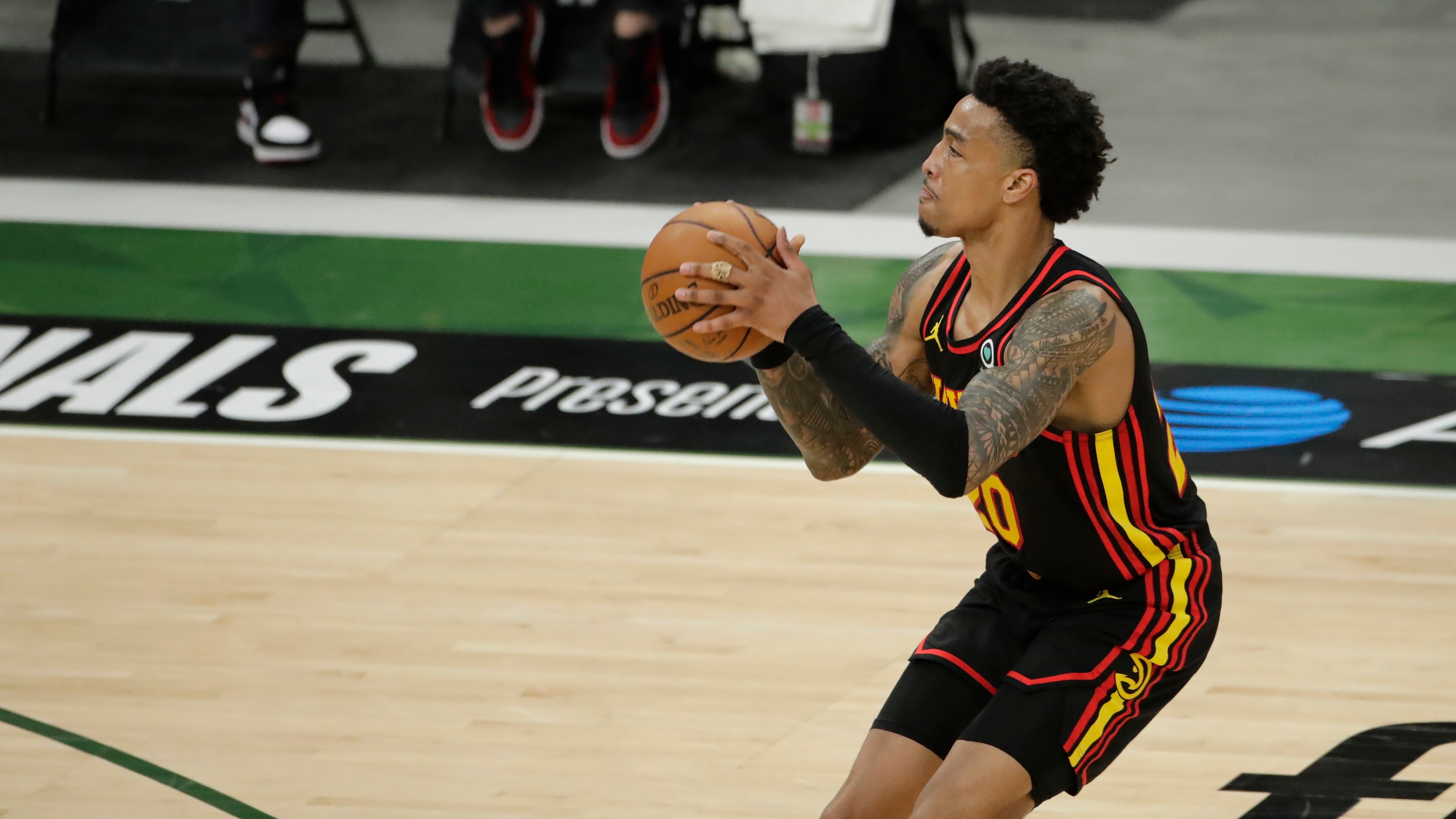 Atlanta Hawks' John Collins shoots during the first half of Game 5 of the NBA Eastern Conference Finals against the Milwaukee Bucks Thursday, July 1, 2021, in Milwaukee. (AP Photo/Aaron Gash)