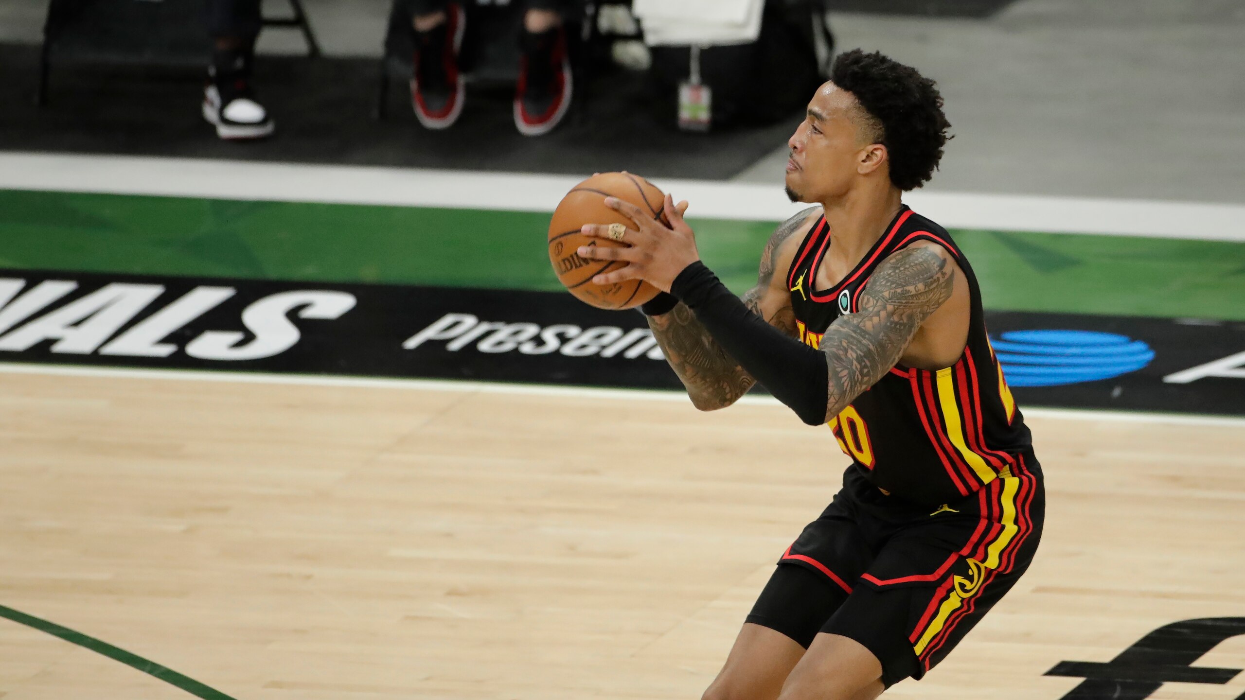 Atlanta Hawks' John Collins shoots during the first half of Game 5 of the NBA Eastern Conference Finals against the Milwaukee Bucks Thursday, July 1, 2021, in Milwaukee. (AP Photo/Aaron Gash)