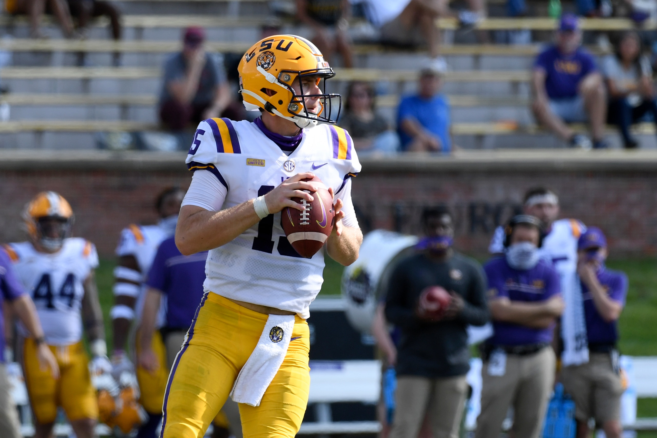LSU quarterback Myles Brennan looks to pass during the second half of an NCAA college football game against Missouri Saturday, Oct. 10, 2020, in Columbia, Mo. Missouri upset LSU 45-41. (AP Photo/L.G. Patterson)