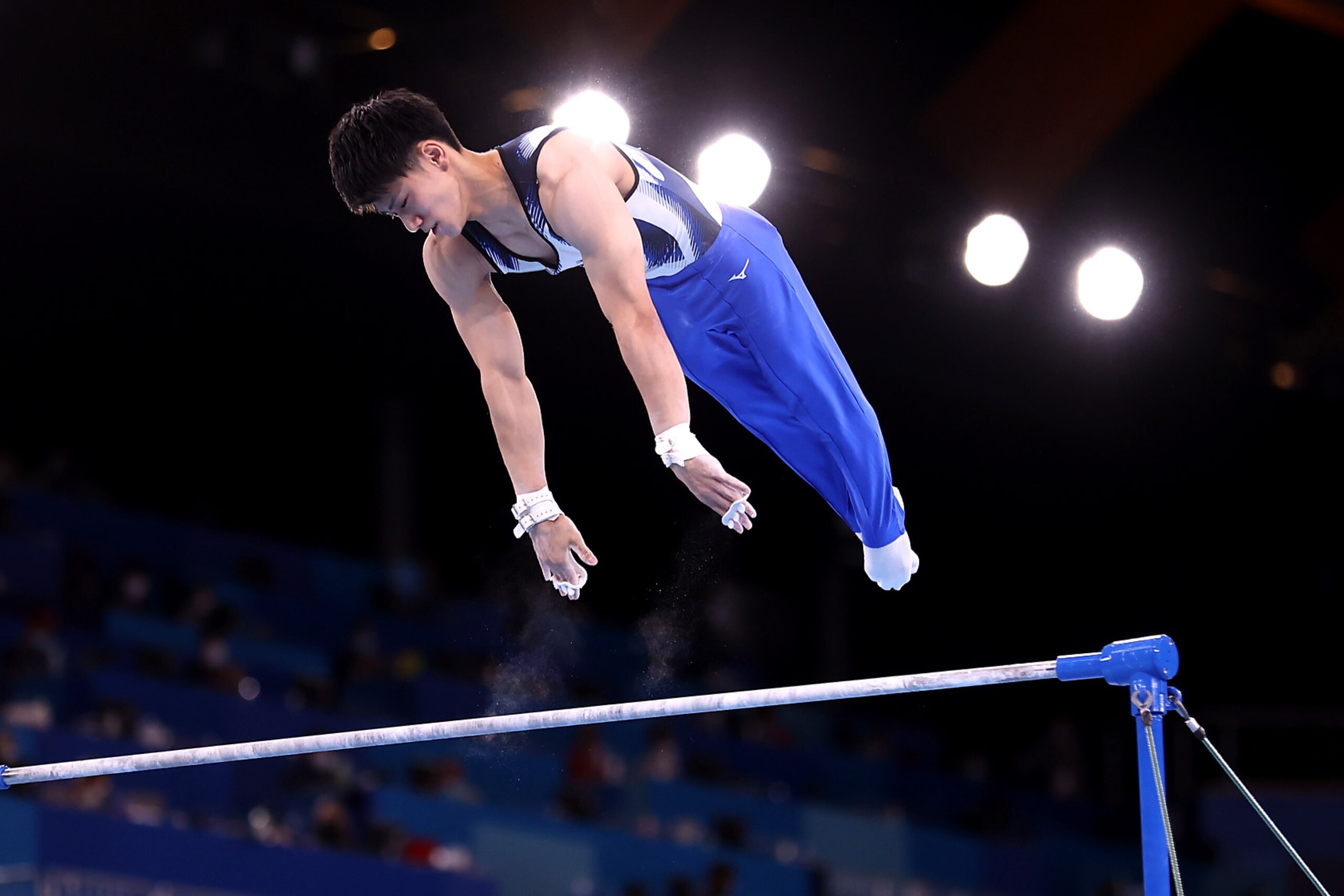 TOKYO, JAPAN - AUGUST 03: Daiki Hashimoto of Team Japan competes during the Men's Horizontal Bar Final on day eleven of the Tokyo 2020 Olympic Games at Ariake Gymnastics Centre on August 03, 2021 in Tokyo, Japan. (Photo by Laurence Griffiths/Getty Images)