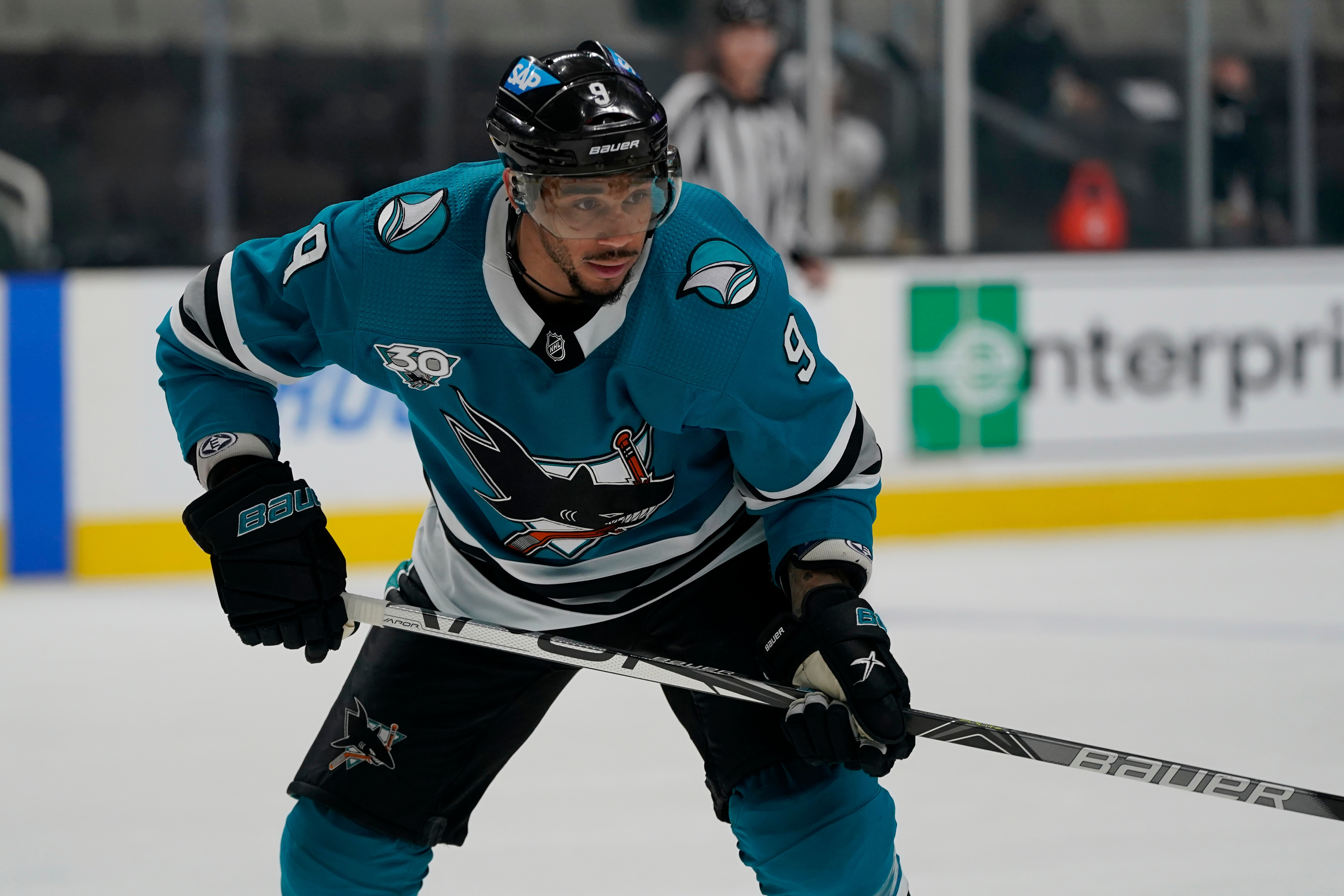 San Jose Sharks left wing Evander Kane (9) during an NHL hockey game against the Vegas Golden Knights in San Jose, Calif., Wednesday, May 12, 2021. (AP Photo/Jeff Chiu)