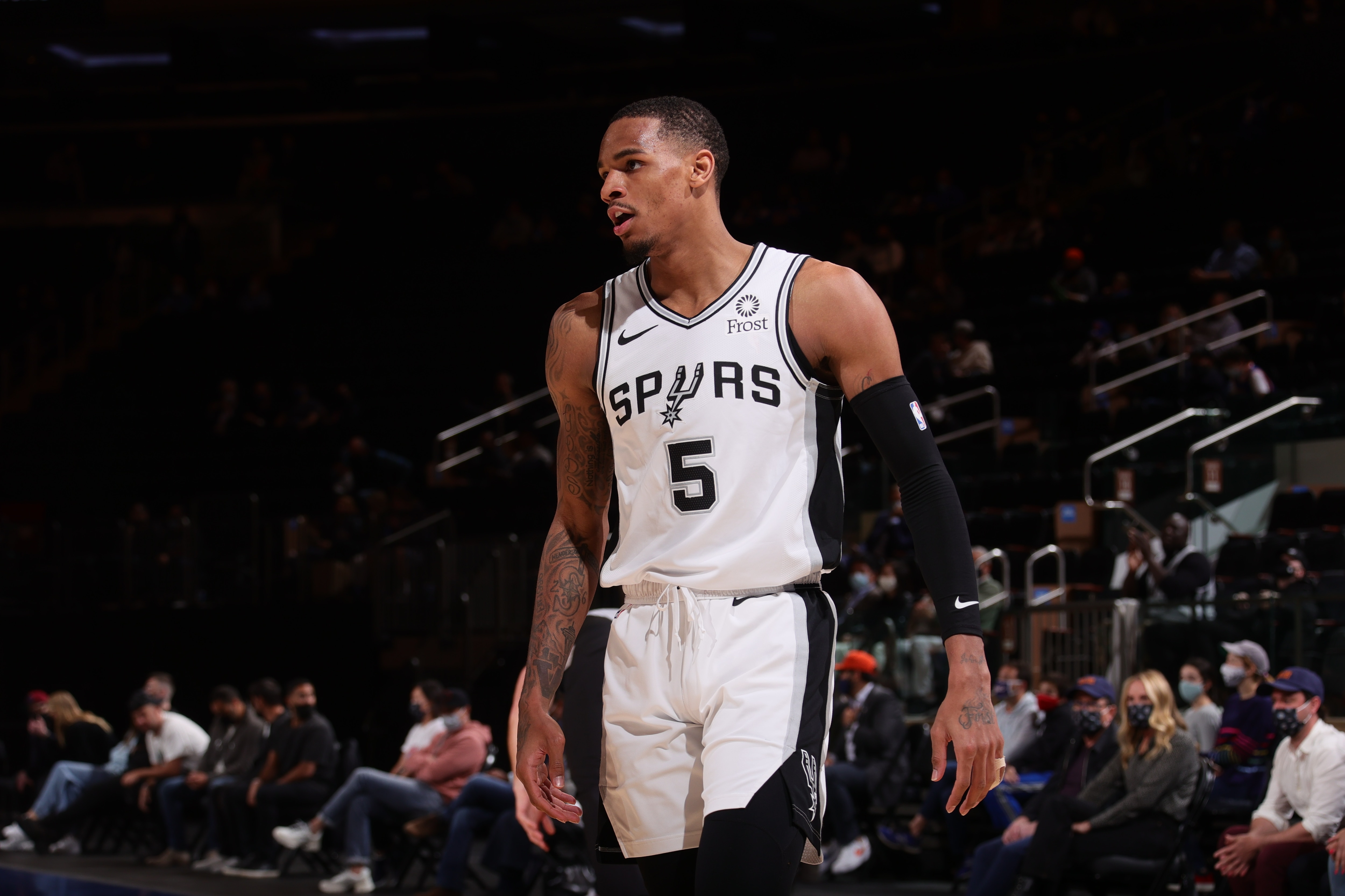 NEW YORK, NY - MAY 13: Dejounte Murray #5 of the San Antonio Spurs looks on during the game against the New York Knicks on May 13, 2021 at Madison Square Garden in New York City, New York.  NOTE TO USER: User expressly acknowledges and agrees that, by downloading and or using this photograph, User is consenting to the terms and conditions of the Getty Images License Agreement. Mandatory Copyright Notice: Copyright 2021 NBAE  (Photo by Nathaniel S. Butler/NBAE via Getty Images)