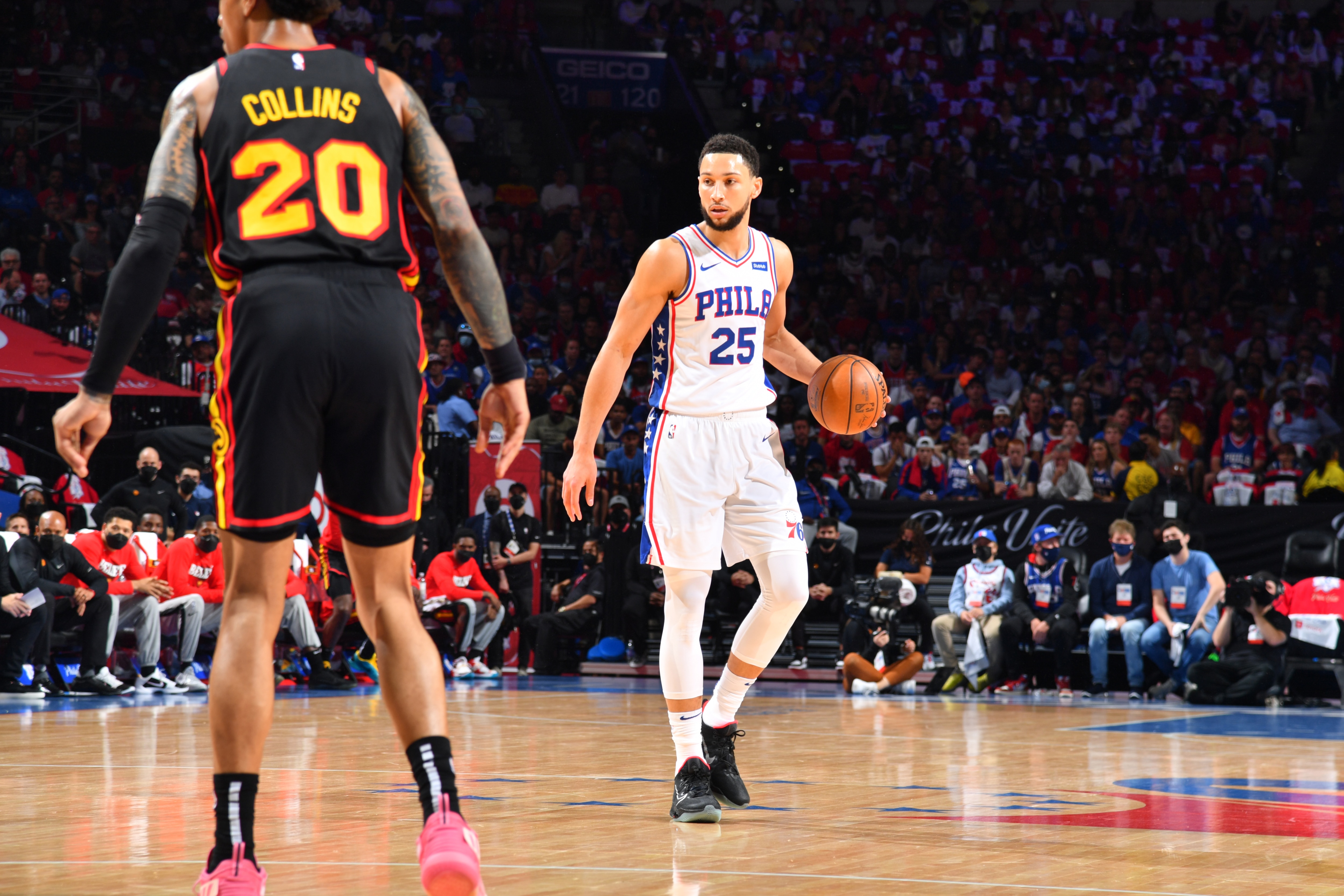 PHILADELPHIA, PA - JUNE 20: Ben Simmons #25 of the Philadelphia 76ers handles the ball against the Atlanta Hawks during Round 2, Game 7 of the Eastern Conference Playoffs on June 20, 2021 at Wells Fargo Center in Philadelphia, Pennsylvania. NOTE TO USER: User expressly acknowledges and agrees that, by downloading and/or using this Photograph, user is consenting to the terms and conditions of the Getty Images License Agreement. Mandatory Copyright Notice: Copyright 2021 NBAE (Photo by Jesse D. Garrabrant/NBAE via Getty Images)